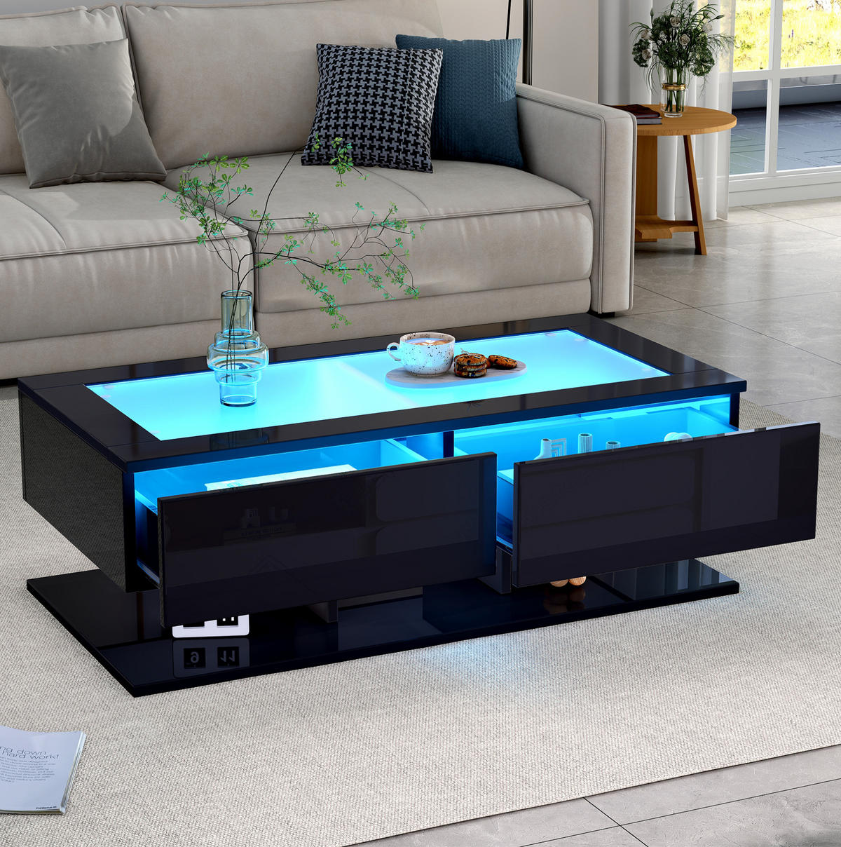 COUCHTISCH 100/50/35 cm schwarz aus Spanplatte und Glas mit LED-Licht - Schwarz, Holzwerkstoff (100/50/35cm) - OKMYHOME