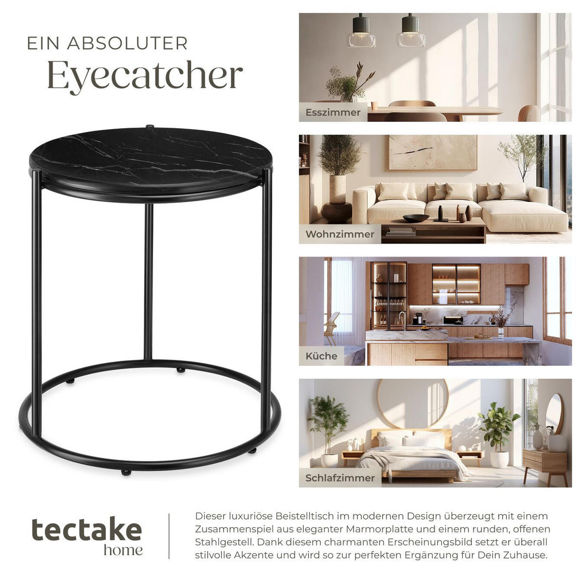 BEISTELLTISCH Ellsa,43 x 43 x 50,5 cm,schwarz/schwarz - Schwarz, Stein (43/43/50.5cm) - tectake