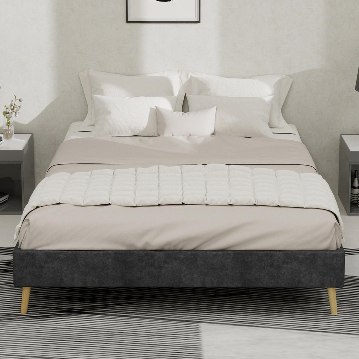 POSTEĽ 140/200 cm sivá z látky a kovu s pevnou konštrukciou v modernom štýle - sivá, textil (140/200cm) - OKWISH
