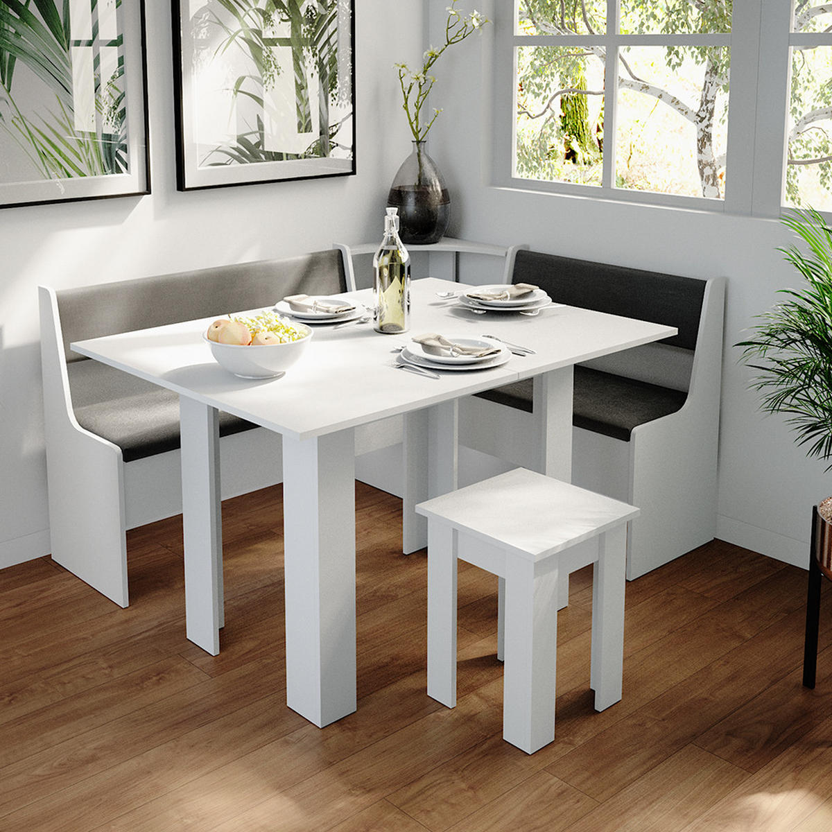 ECKBANKGRUPPE Roman Weiß 150 x 41.5 cm mit Tisch - Anthrazit/Weiß, Holzwerkstoff (150/80/120cm) - Vicco