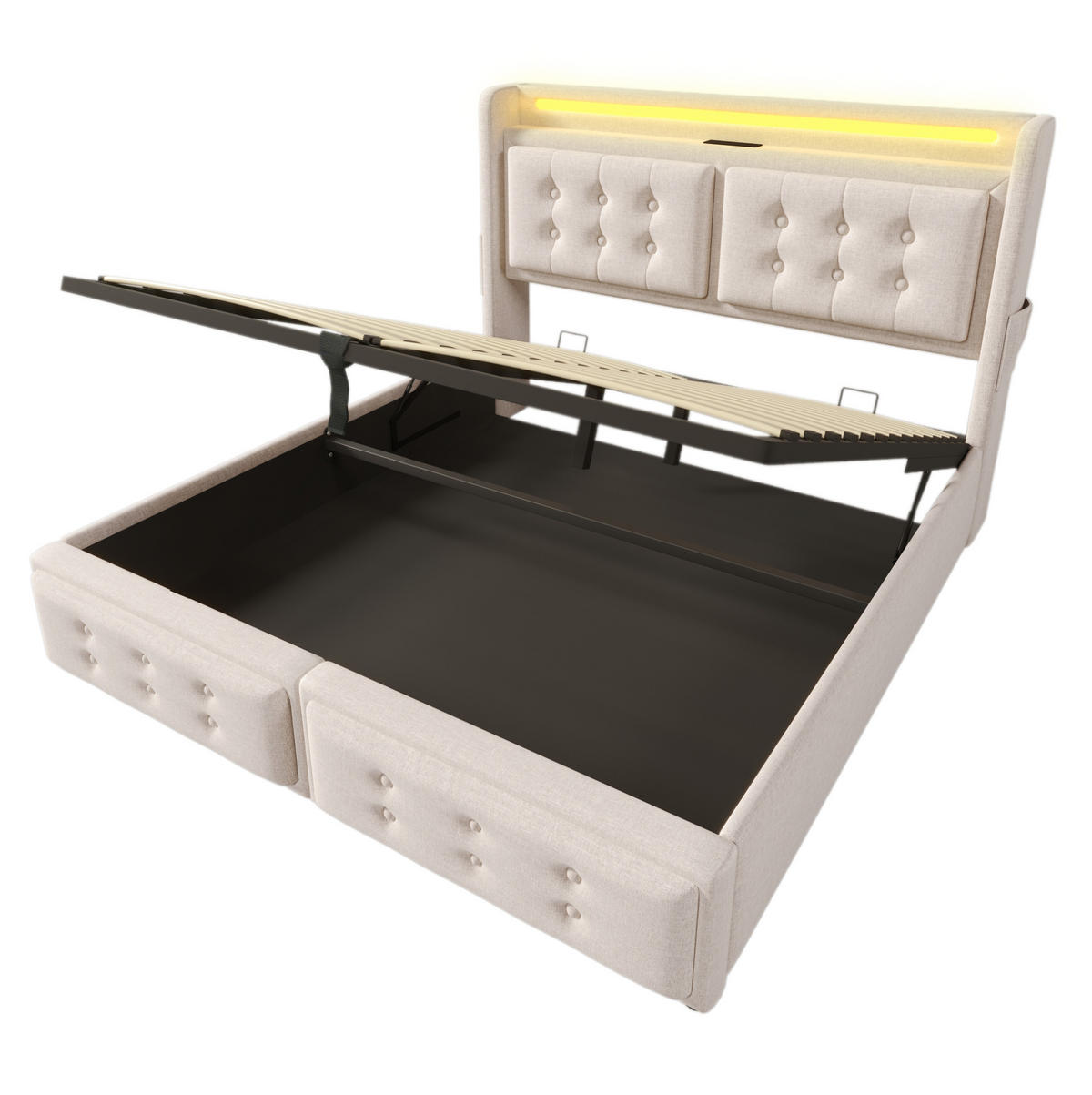 POLSTERBETT mit Stauraum, LED und Ladefunktion 180x200 cm Beige - Beige, Metall (180/200cm) - Meubliv