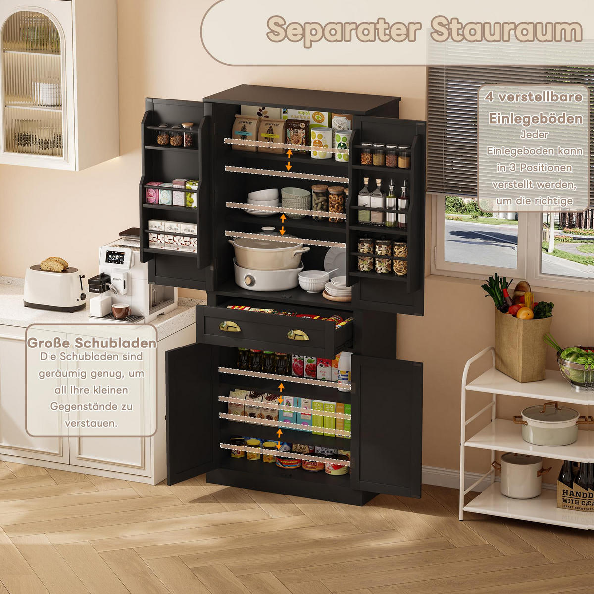 GESCHIRRSCHRANK 80/40/182 cm Schwarz mit 4 Türen, 1 Schublade und 6 Staufächer - Schwarz, Holz (80/182/40cm) - Oxeza