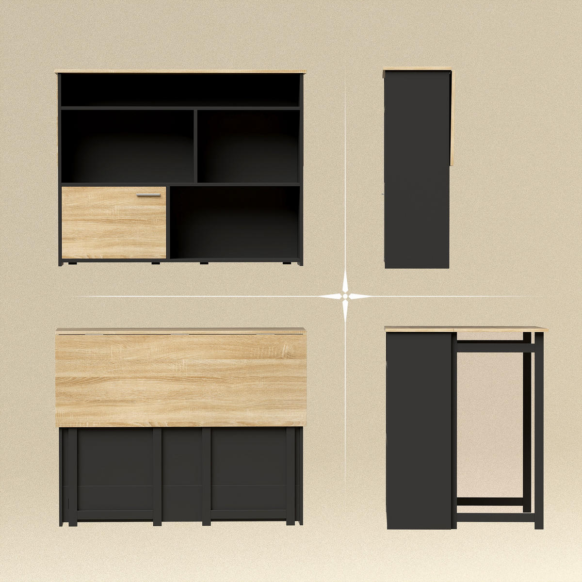 BARTISCH DE-14797 klappbar mit Schrank & 4 offenen Fächern Schwarz - Schwarz, Holzwerkstoff (116/79.6/90.5cm) - ComfortXL
