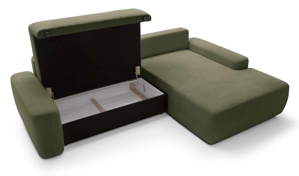 ECKCOUCH mit Schlaffunktion Orea M, 265 cm, Bettkasten, Rechts, Grün - Grün, Holz (162/264cm) - Emporius