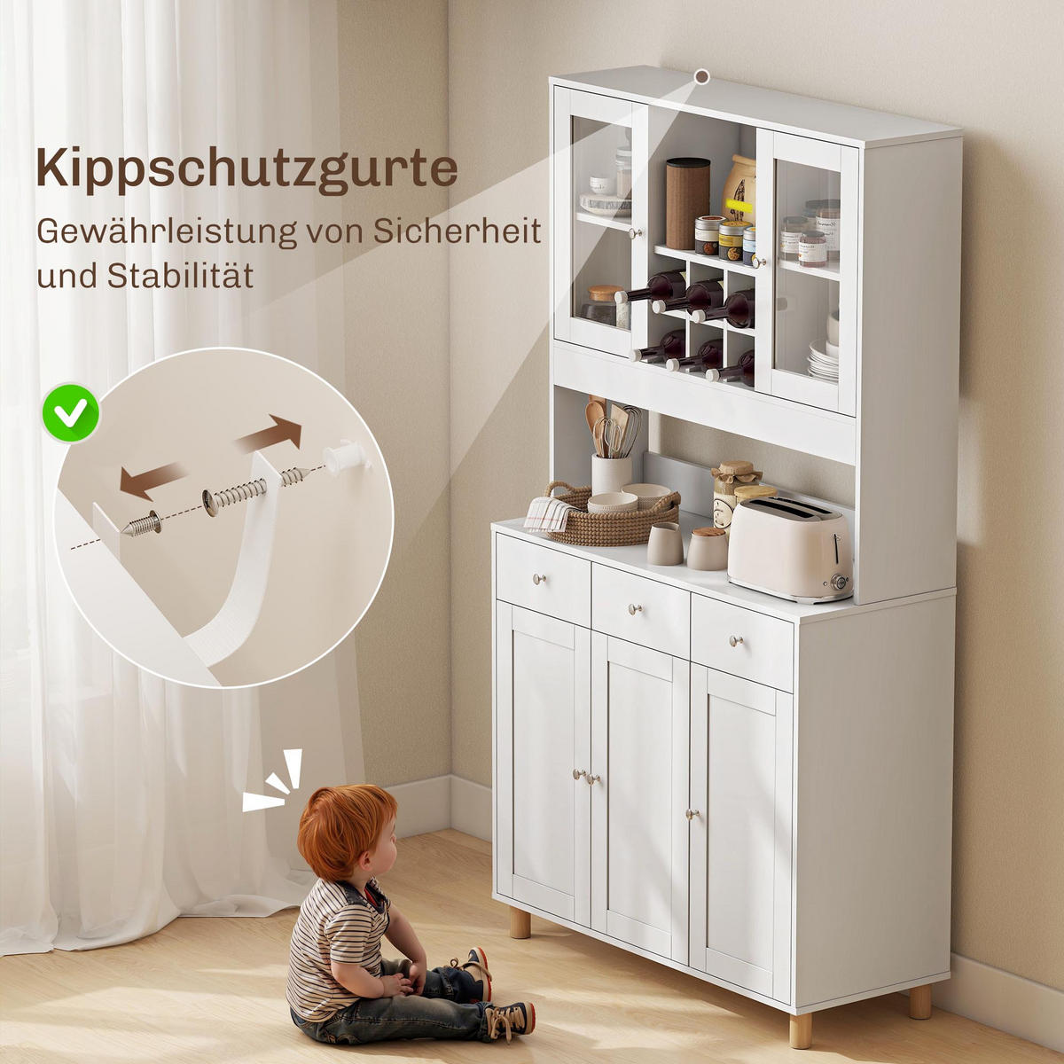 KÜCHENSCHRANK, Buffetschrank mit verstellbaren Regalen, 4 Türen, Schublade - Silberfarben/Weiß, Holzwerkstoff/Metall (40/180/100cm) - HOMCOM