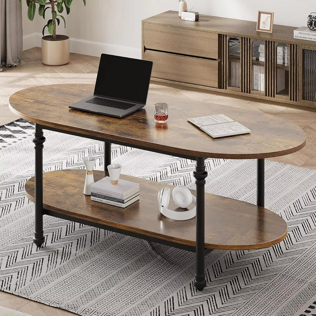 COUCHTISCH oval 2 Ebenen Walnuss Sofatisch - Braun, Holz (120/54/43.5cm) - Kaket