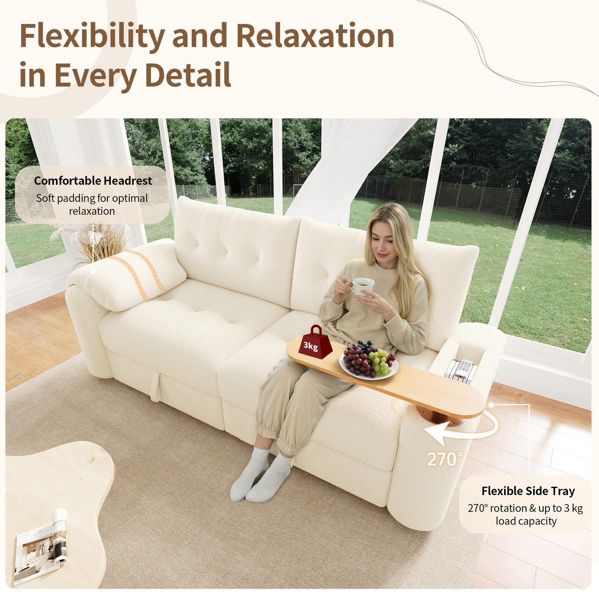 SCHLAFSOFA 3-Sitzer mit Teddyplüsch und Stauraum, Beige - Beige, Textil (207.5/87/80cm)