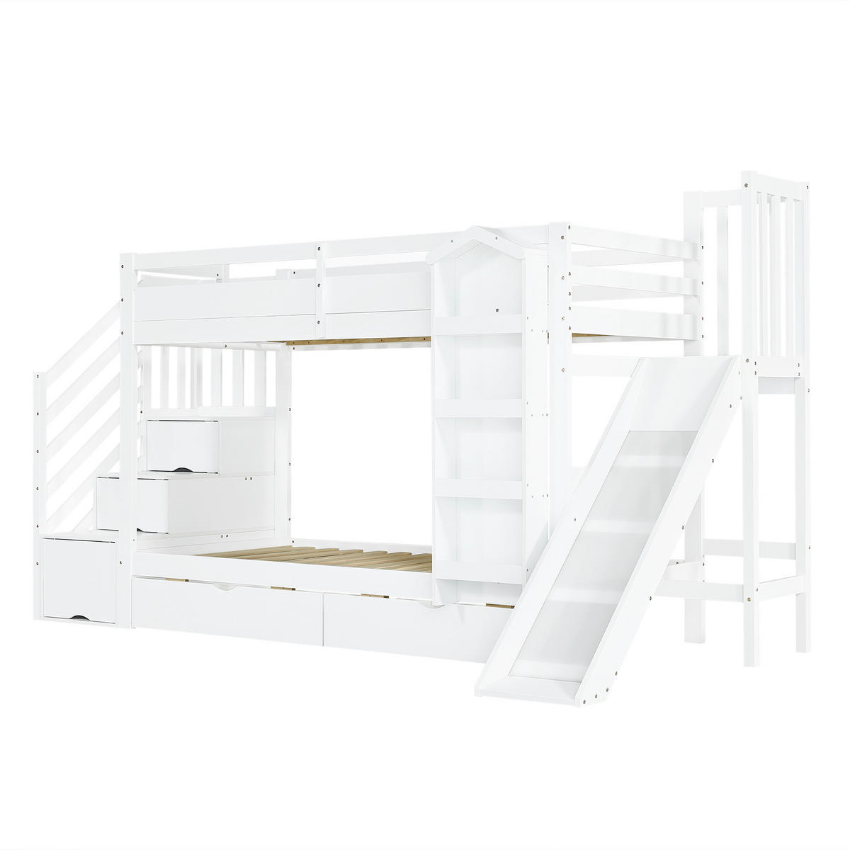 ETAGENBETT 90/200 cm in Weiß mit Rutsche und Treppenregal - Weiß, Holz - BEAOK