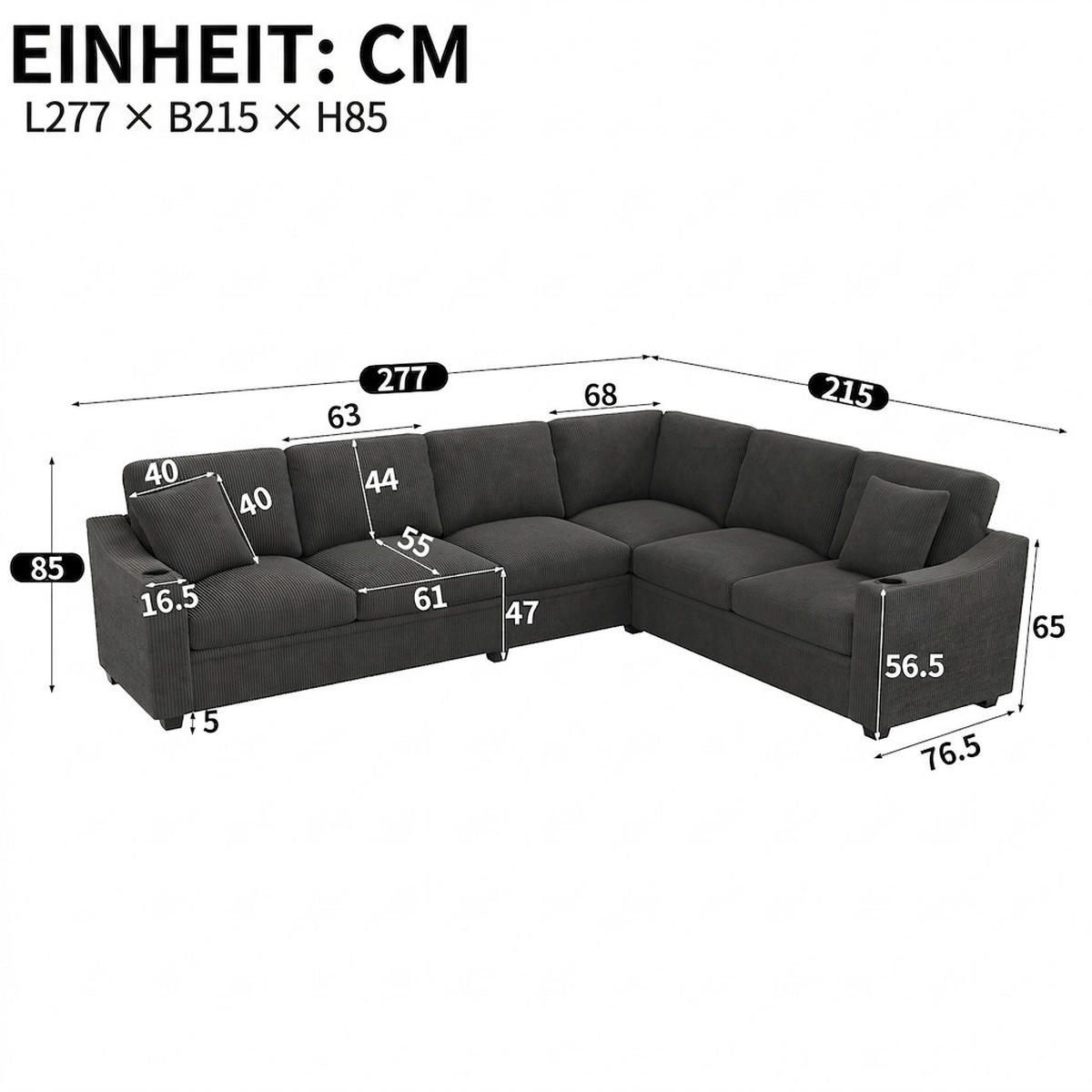 ECKSOFA 277/215/85 cm Grau mit USB/Type-C-Schnellladeanschluss und 2 Getränkehaltern - Grau, Textil (277/215cm) - Oxeza