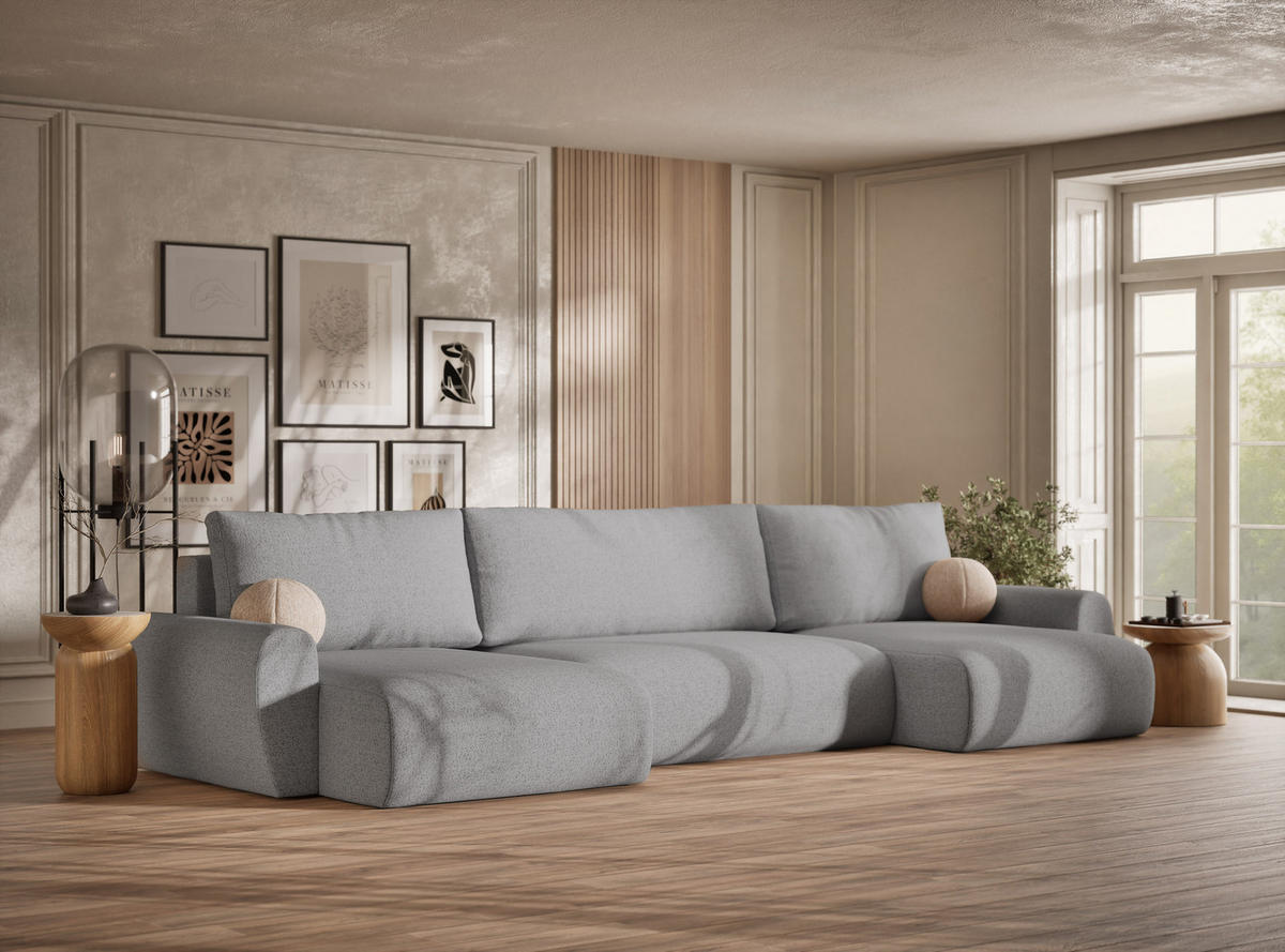 WOHNLANDSCHAFT MIT SCHLAFFUNKTION Numba Hellgrau Webstoff - Hellgrau/Schwarz, Holz/Holzwerkstoff (397/70/153cm) - Maison de Reve