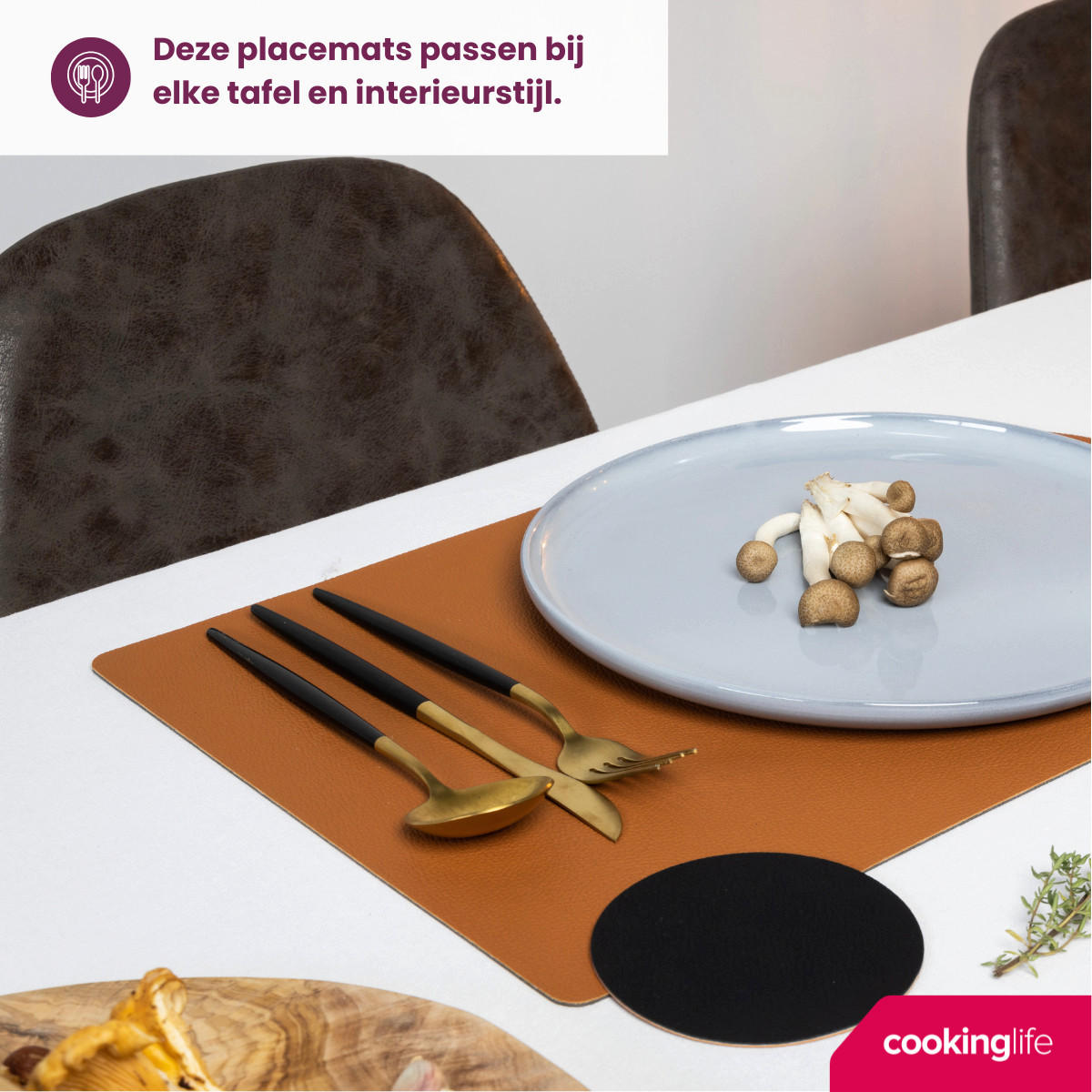 TISCHSET s - Doppelseitig - Veganes Leder - Cognac / Schwarz 46 x 33 cm - 6 Stück - Braun, Kunststoff (33/46cm) - Cookinglife