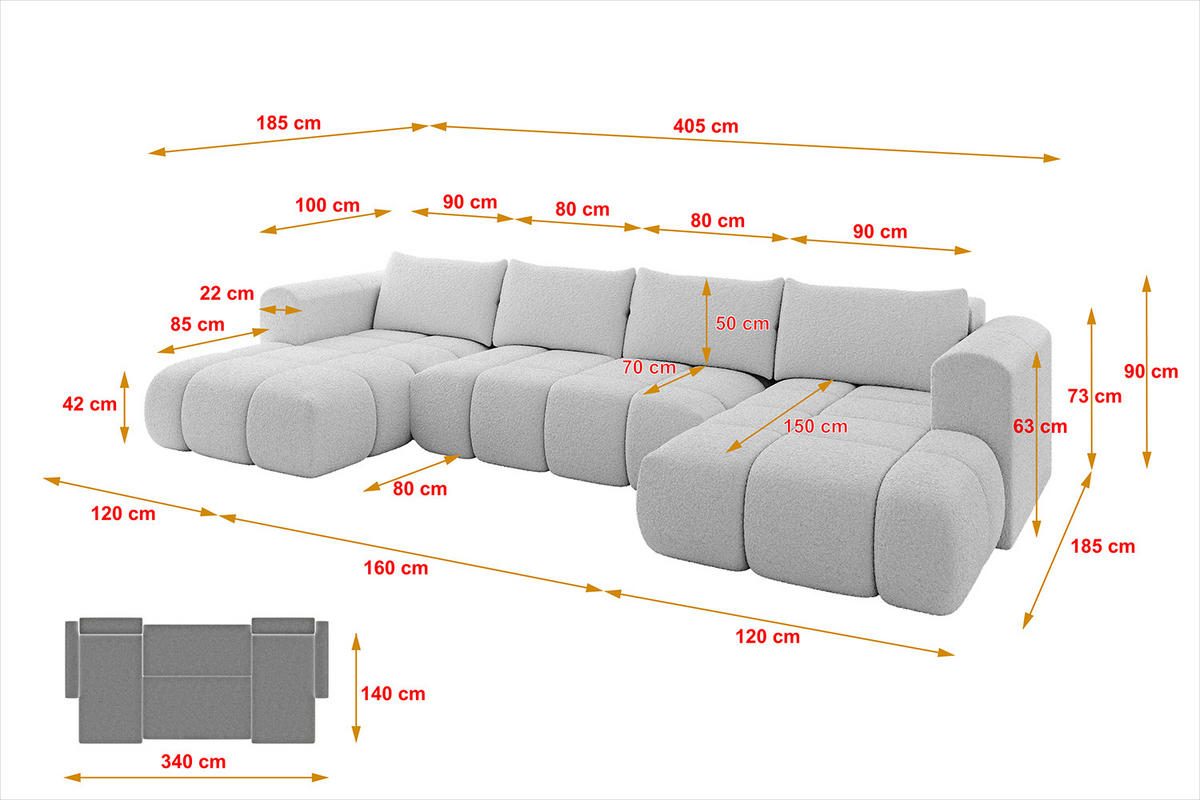 WOHNLANDSCHAFT CLOUD-U 405x185x90 Hellgrau Bouclé - Hellgrau, Holzwerkstoff/Kunststoff (405/90/185cm) - ALTDECOR
