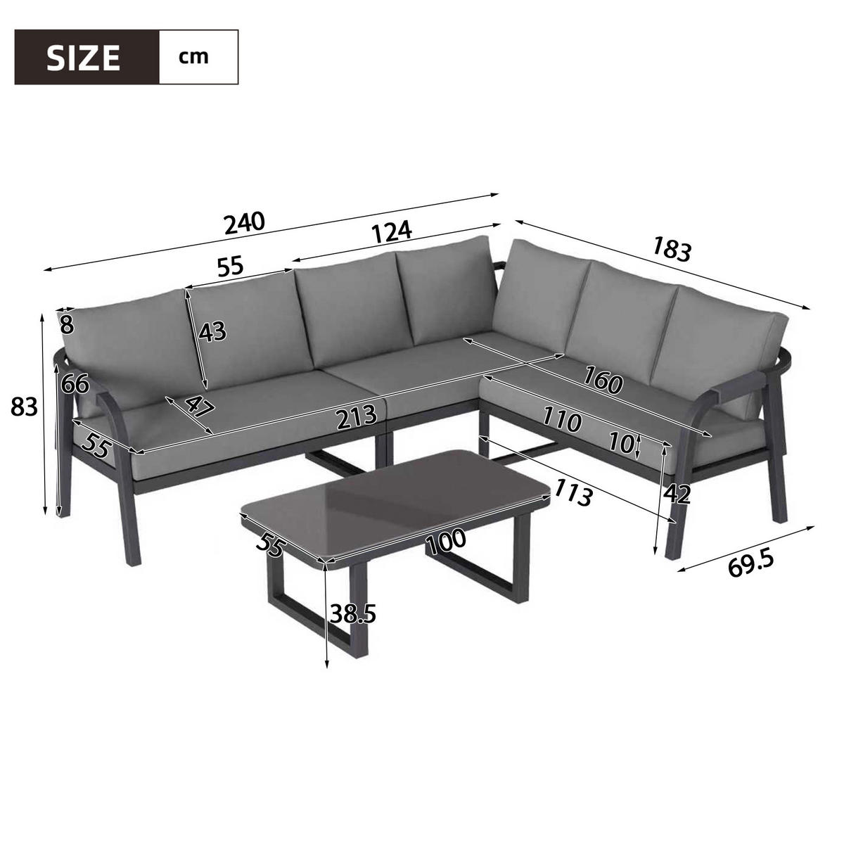 GARTENMÖBEL-SET 240/183/83 cm grau aus Stahl und Polyester für bis zu 6 Personen - Grau, Metall - OKWISH