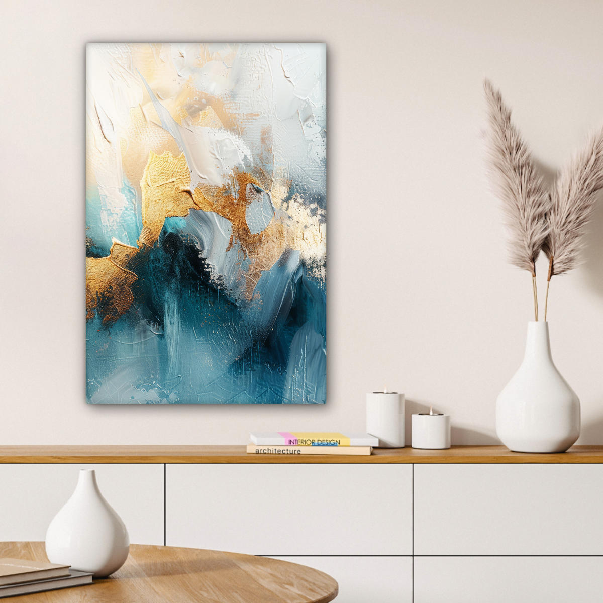 LEINWANDBILD Abstrakt - Kunst - Gold - Blau Wanddeko Schlafzimmer 60x90 cm - Petrol, Textil (60/90cm) - MuchoWow