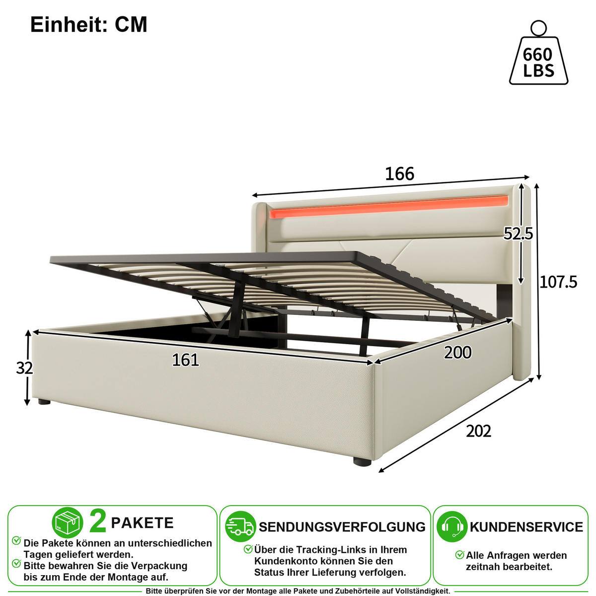 POLSTERBETT 160/200 cm in Weiß mit Bettkasten und LED Kunstleder - Weiß, Holzwerkstoff/Textil (160/200cm) - CHICFURN