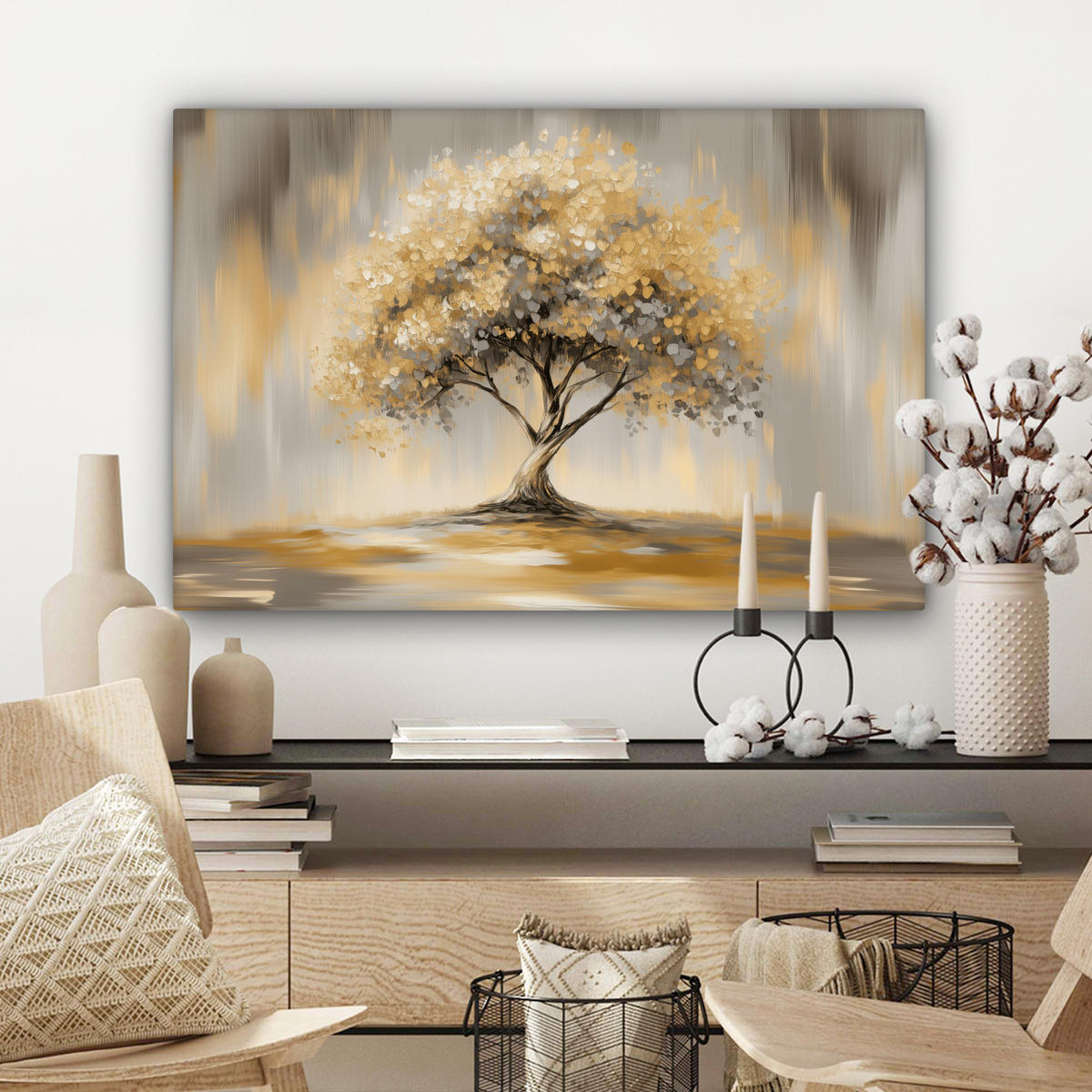 LEINWANDBILD Gemälde - Baum - Abstrakt - Blätter Gemälde 60x40 cm - Beige, Textil (60/40cm) - MuchoWow