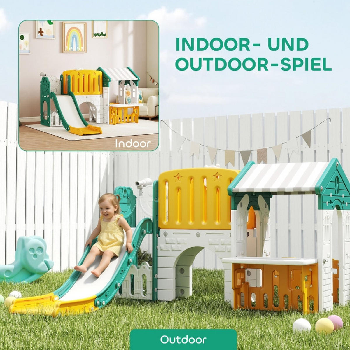 KINDERRUTSCHE 7-in-1 mit Klettergerüst und Basketballkorb für 1–4 Jahre Kunststoff Gelb/Grün - Gelb, Kunststoff (180/111/189cm) - Korfee