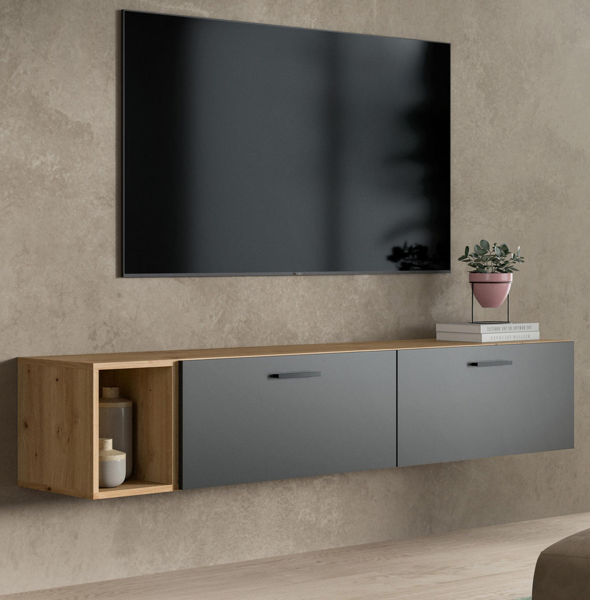 TV-LOWBOARD grau, Eiche Artisan 176 cm, TV Unterteil hängend / stehend - Schwarz/Eiche Artisan, Holzwerkstoff/Kunststoff (176/32/34cm) - Inn.Furn