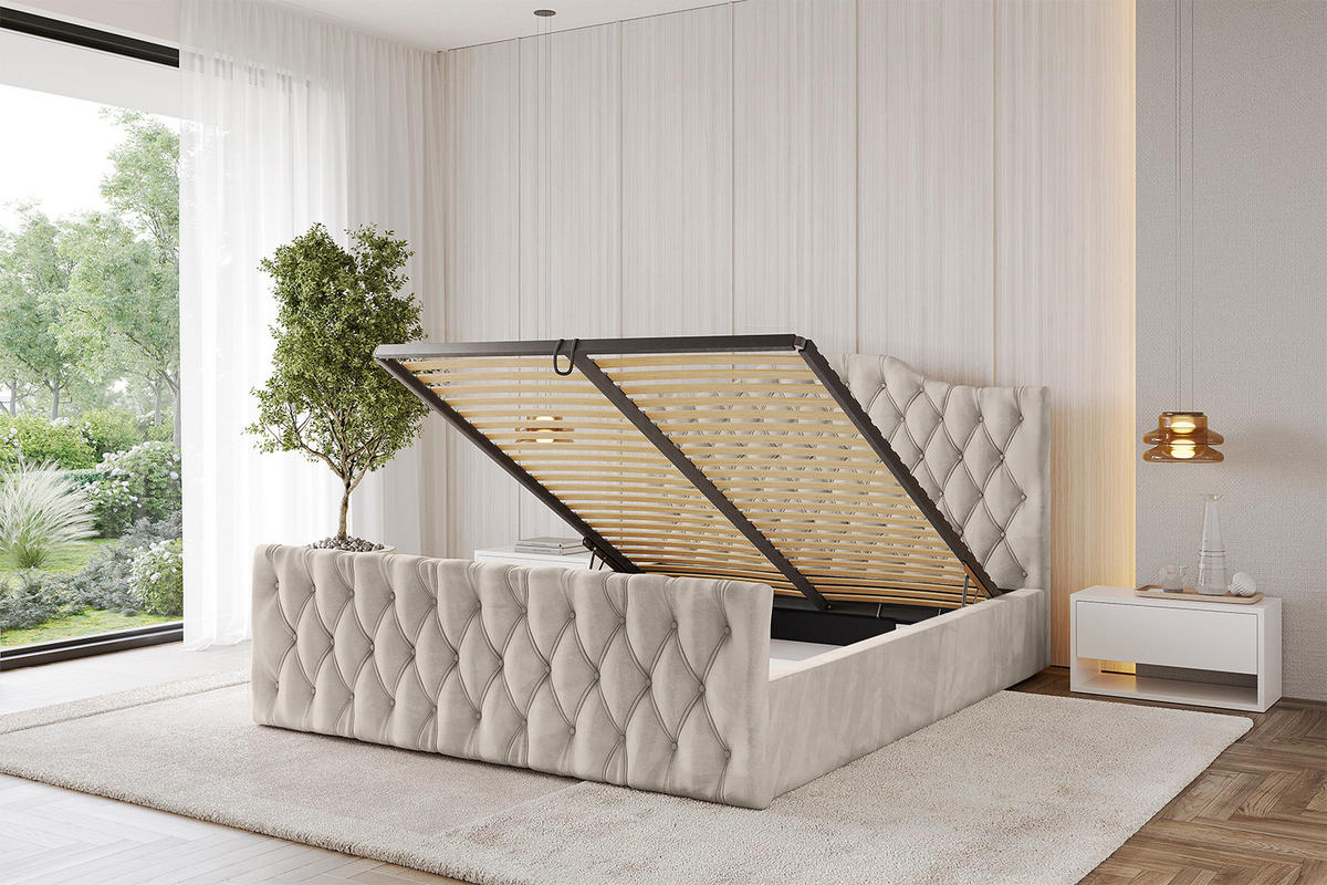 POLSTERBETT mit Bettkasten, Fußteil und Lattenrost, Boxbett mit Matratze H3/H4 - FALIO-Z 180x200 Beige - Beige, Holzwerkstoff/Textil (180/200cm) - ALTDECOR