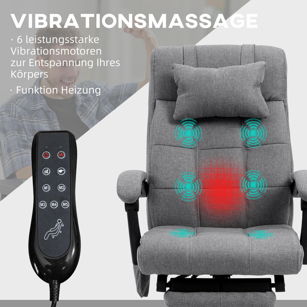 BÜROSTUHL mit Massagefunktion höhenverstellbar Grau - Grau, Kunststoff (76/120/66cm) - Meubliv