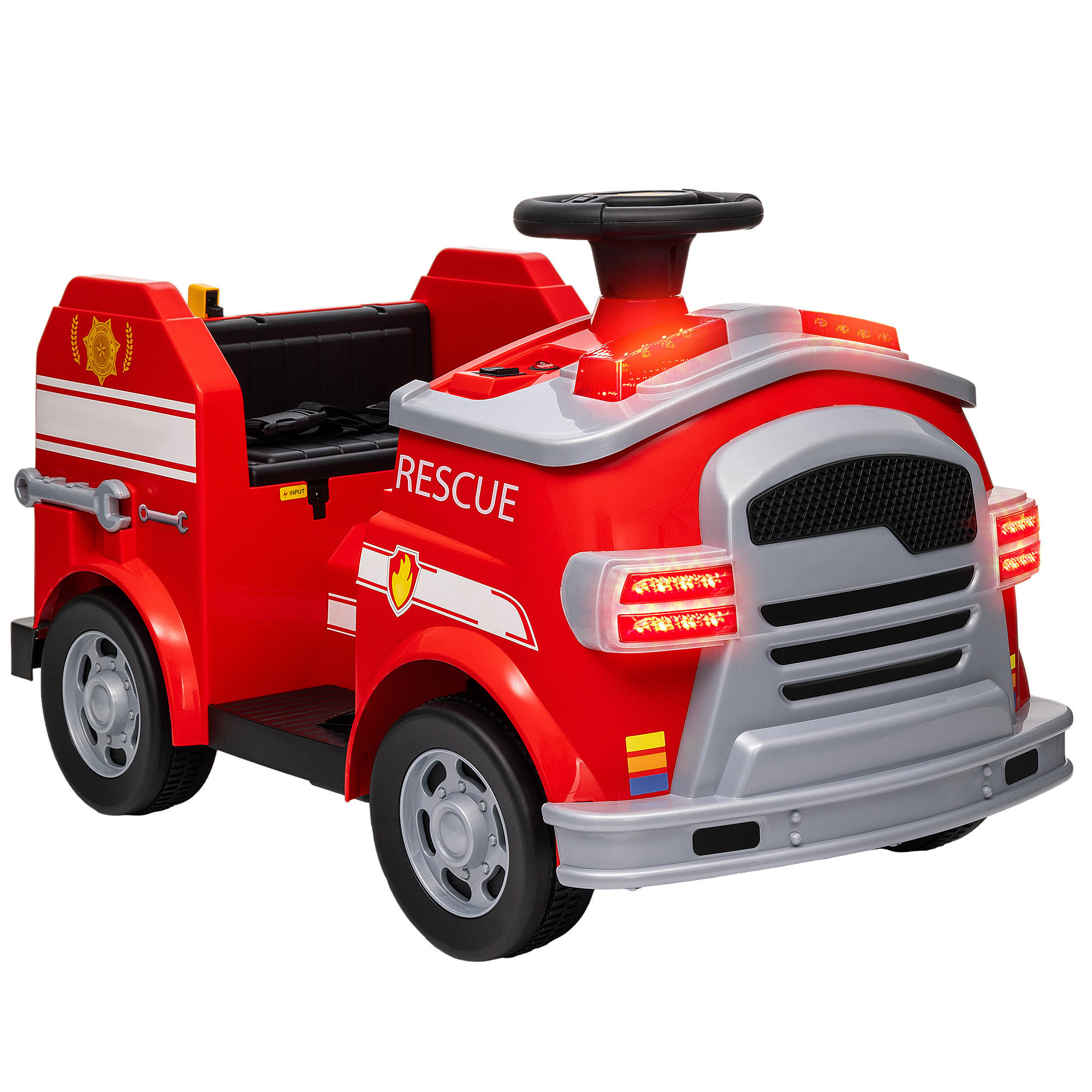 FEUERWEHRAUTO, max. 3 km/h, Sirene, Blaulicht, Werkzeuge, für Kinder 3-5 Jahre - Rot, Metall (86/49/52cm) - AIYAPLAY