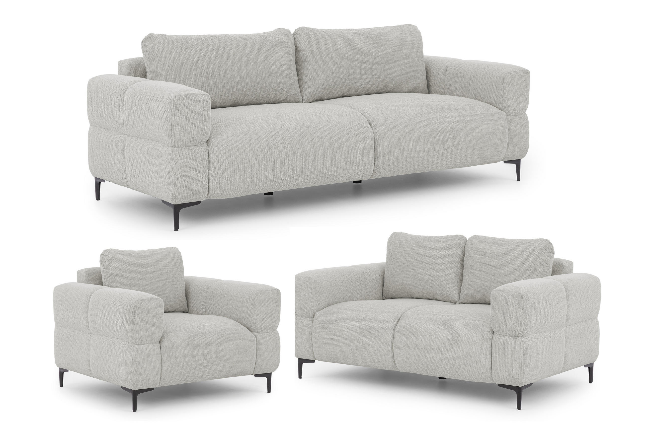 SITZGARNITUR 3+2+1 Cardea in Bubble-Optik aus weichem Hellgrau Strukturstoff mit hohem Sitzkomfort - Hellgrau/Schwarz, Holz/Textil (217/80/97cm) - S-Style Möbel