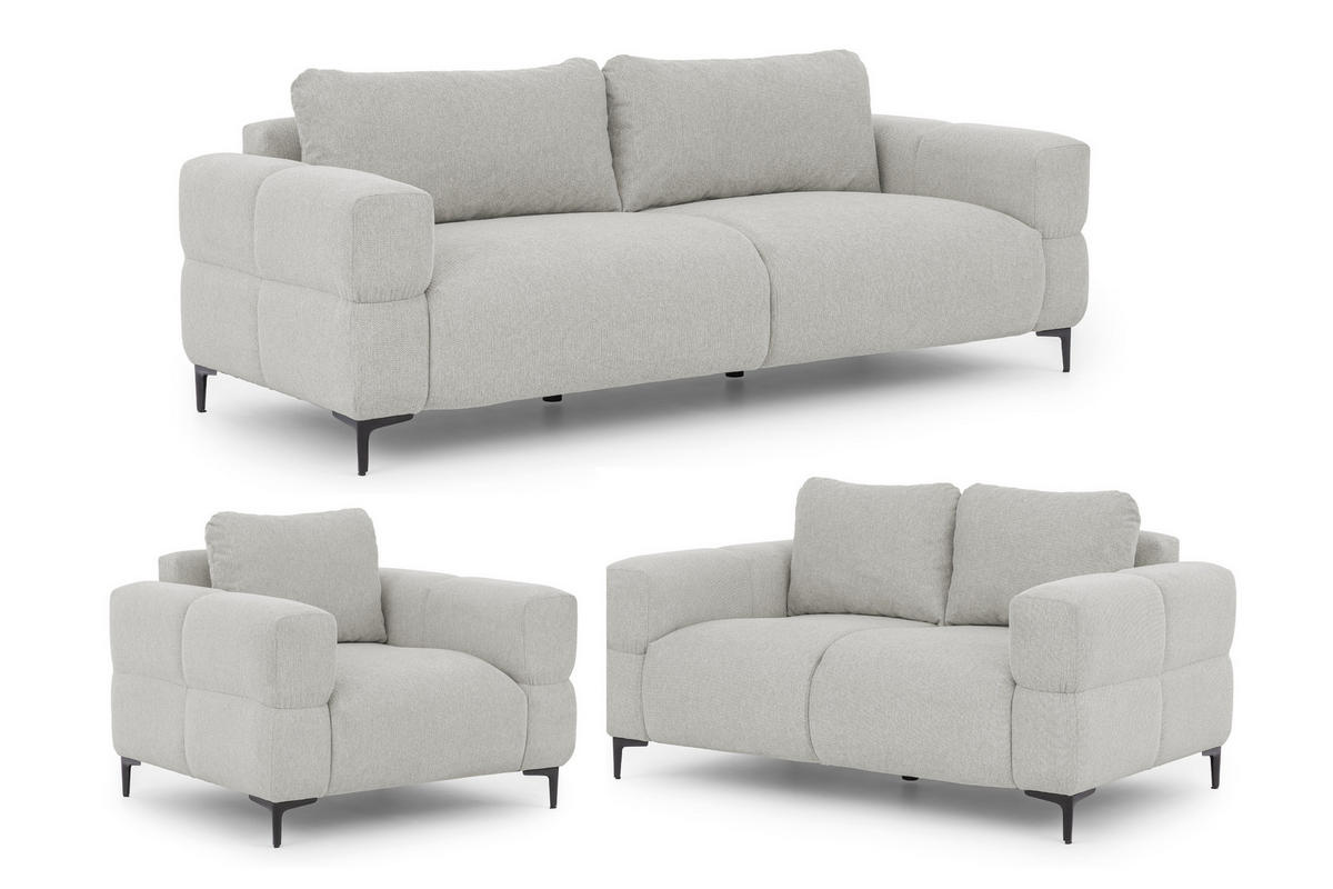 SITZGARNITUR 3+2+1 Cardea in Bubble-Optik aus weichem Hellgrau Strukturstoff mit hohem Sitzkomfort - Hellgrau/Schwarz, Holz/Textil (217/80/97cm) - S-Style Möbel