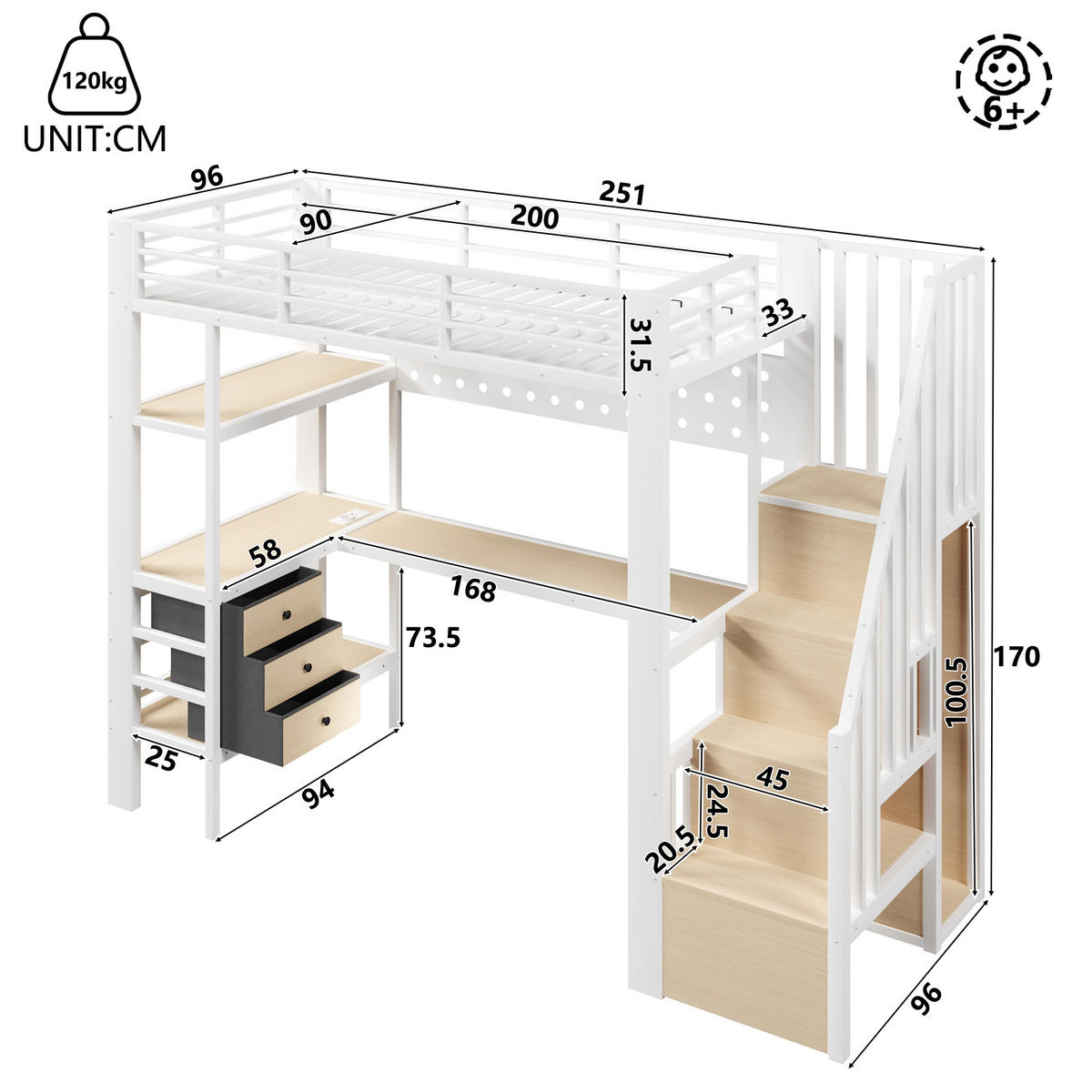 HOCHBETT 90/200 cm in Weiß mit 3 Schubladen, Lochwand, Tisch, Steckdose und LED - Weiß, Holzwerkstoff/Metall (90/200cm) - STILVORA