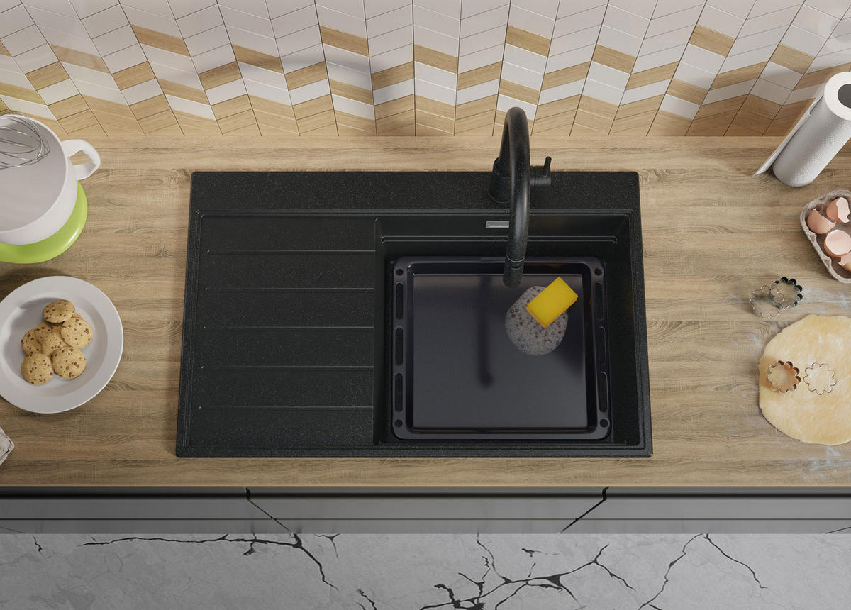 SPÜLBECKEN Sydney, 2-er set Anthrazit 78/50 cm 1 Becken + Ablauf-Set + Küchenzubehörset ab 50er Unterschrank - Chromfarben/Anthrazit, Kunststoff (78/20/50cm) - Primagran