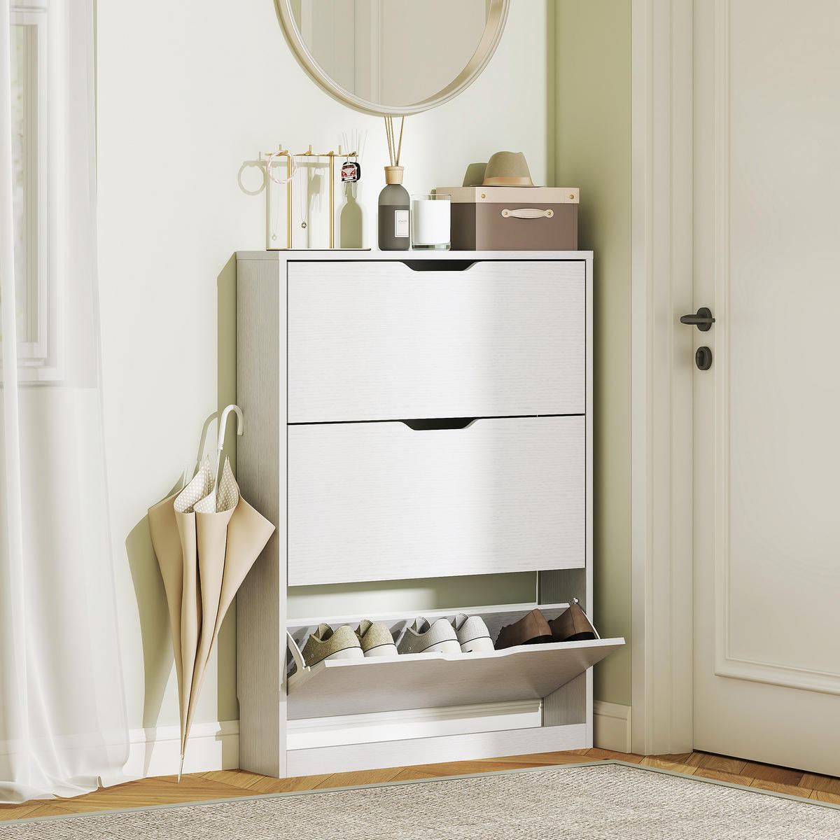 SCHUHSCHRANK mit 3 Klappen, Schuhregal, Schuhkipper Schmal für 9-12 Paar Weiß - Weiß, Holzwerkstoff (17/108/80cm) - HOMCOM