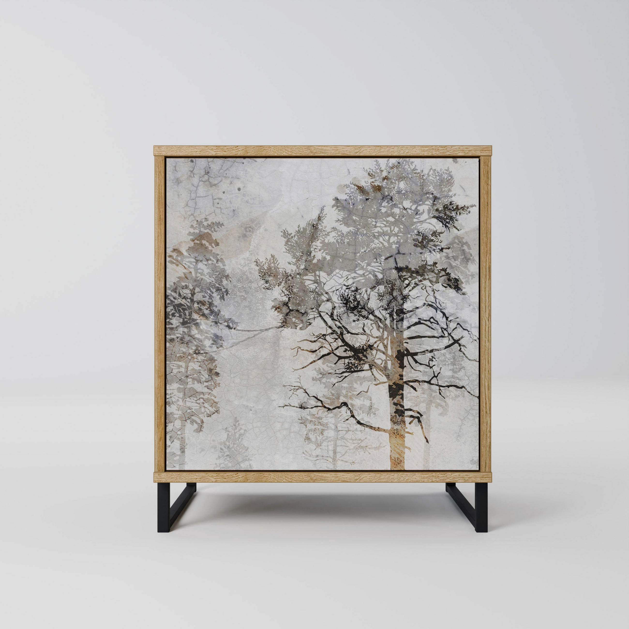 SIDEBOARD FADE IN THE TREES, Eichefarben, 57,5x42x67,5 cm, Schwarze Metall-Rahmenfüße - Eichefarben/Multicolor, Holzwerkstoff/Metall (57.5/67.5/42cm) - SpaceRebels