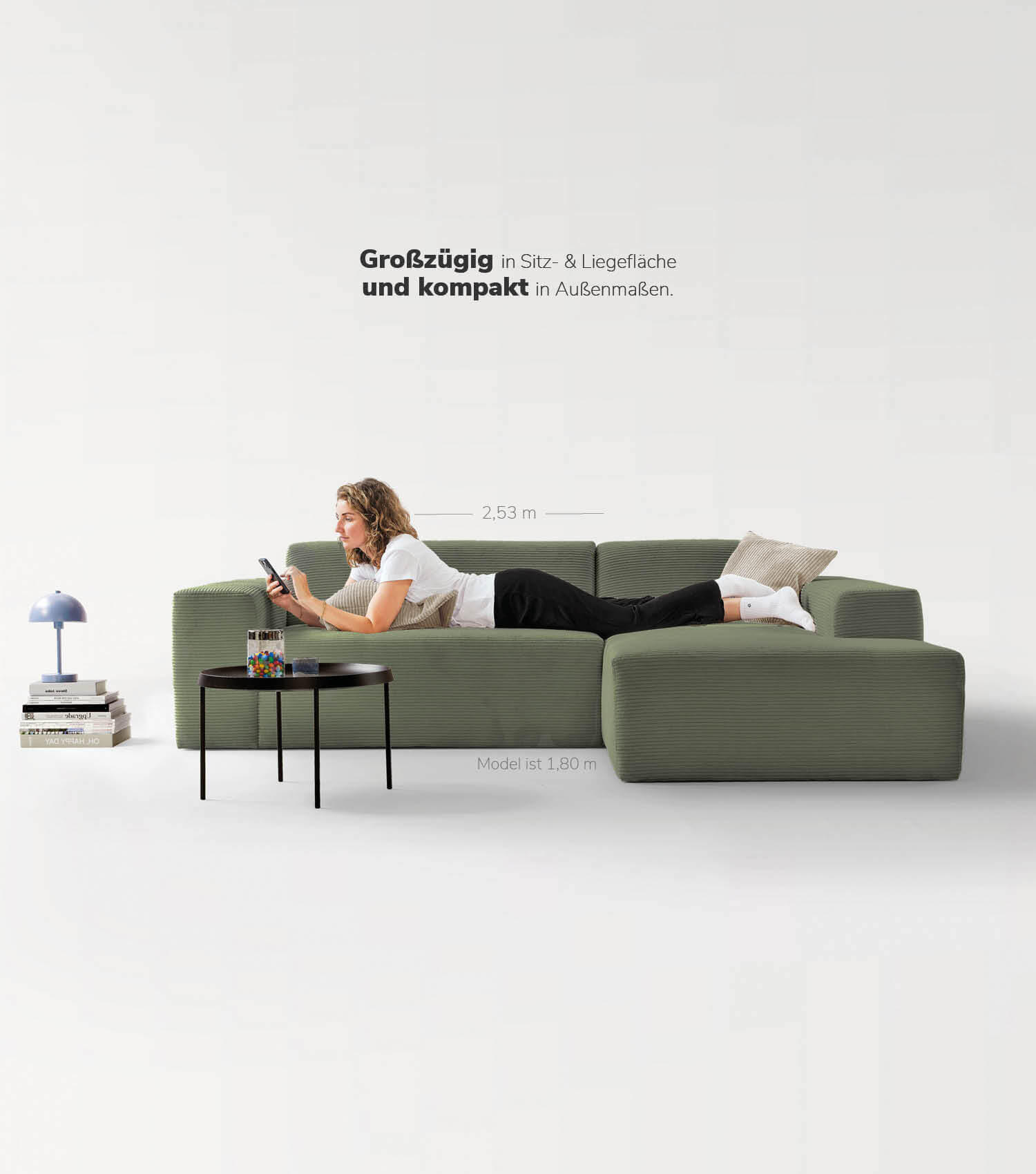 ECKSOFA Die Lässige Recamiere rechts - Mintgrün, Textil (253/188cm) - Mokebo