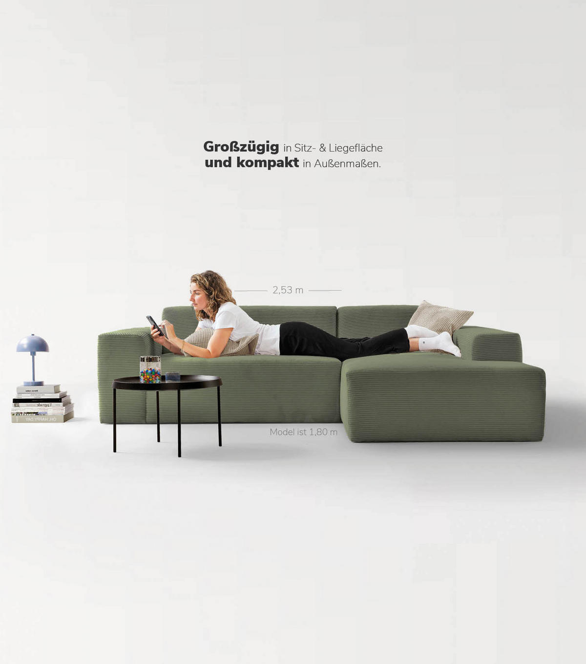ECKSOFA Die Lässige Recamiere rechts - Mintgrün, Textil (253/188cm) - Mokebo