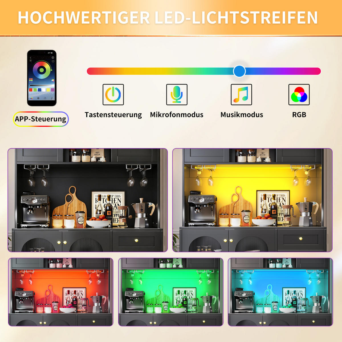 BUFFETSCHRANK 120/40/188 cm schwarz aus MDF mit LED-Lichtleiste - Schwarz, Holzwerkstoff (120/188/40cm) - OKWISH