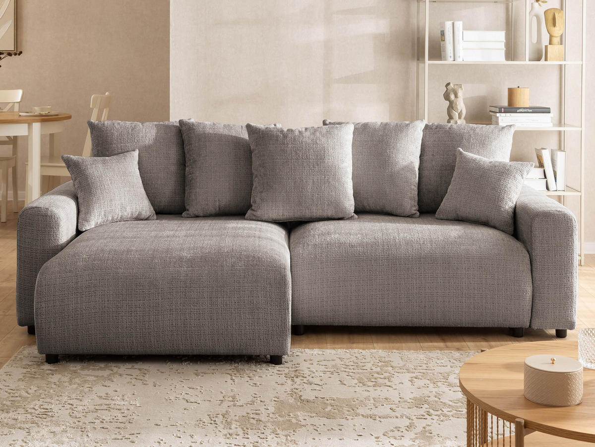 ECKSOFA Calma mit Schlaffunktion und Bettkasten im Bumpy-Design aus weichem Taupe Chenille-Stoff - Ottomane links - Taupe/Beige, Holz/Kunststoff (140/239cm) - S-Style Möbel