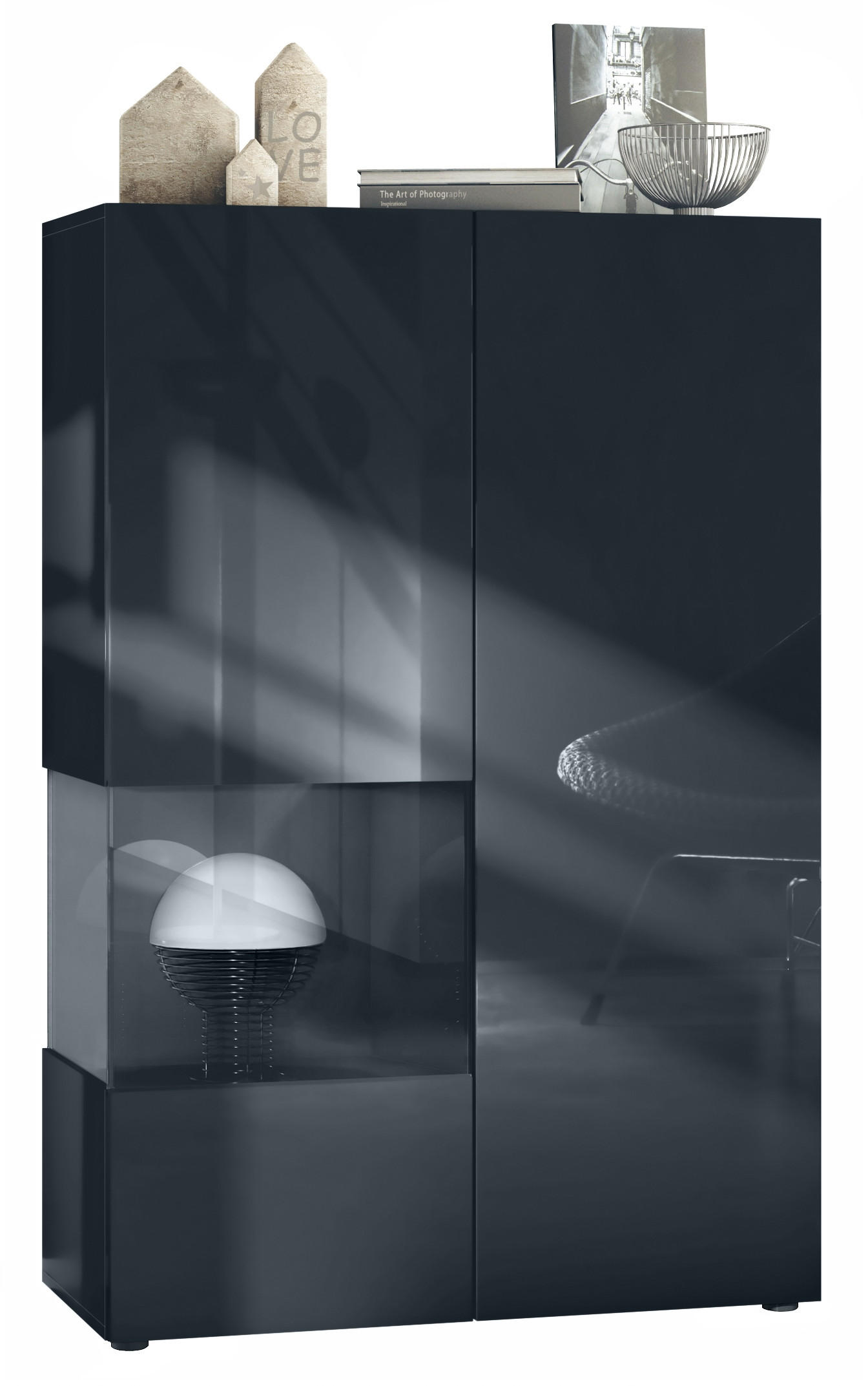 VITRINE Morena Einsatz in Schwarz Hochglanz - Schwarz Hochglanz, Holzwerkstoff (91.5/136.5/37cm) - Vladon
