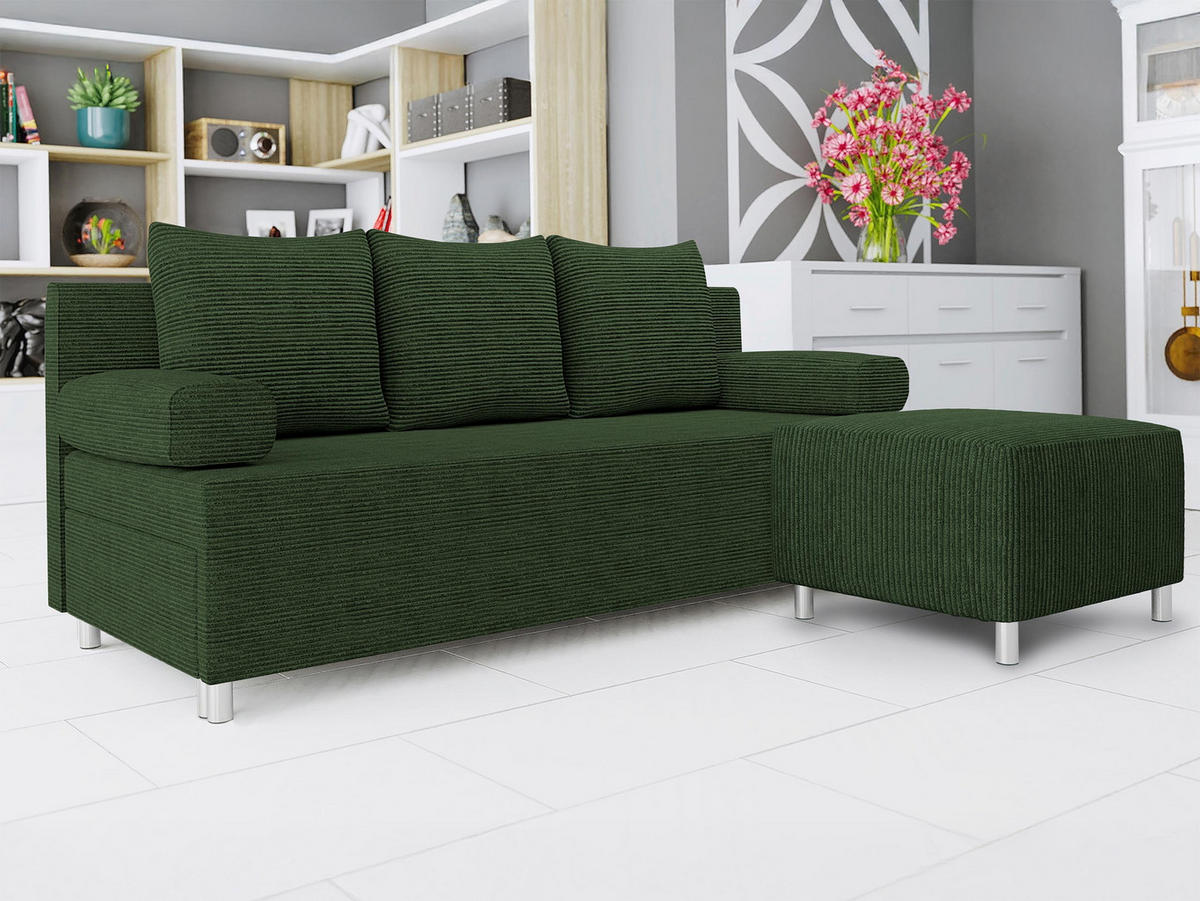 SCHLAFSOFA Dover Cord mit Polsterhocker - Chromfarben/Grün, Holz/Kunststoff (192/80cm) - MIRJAN24