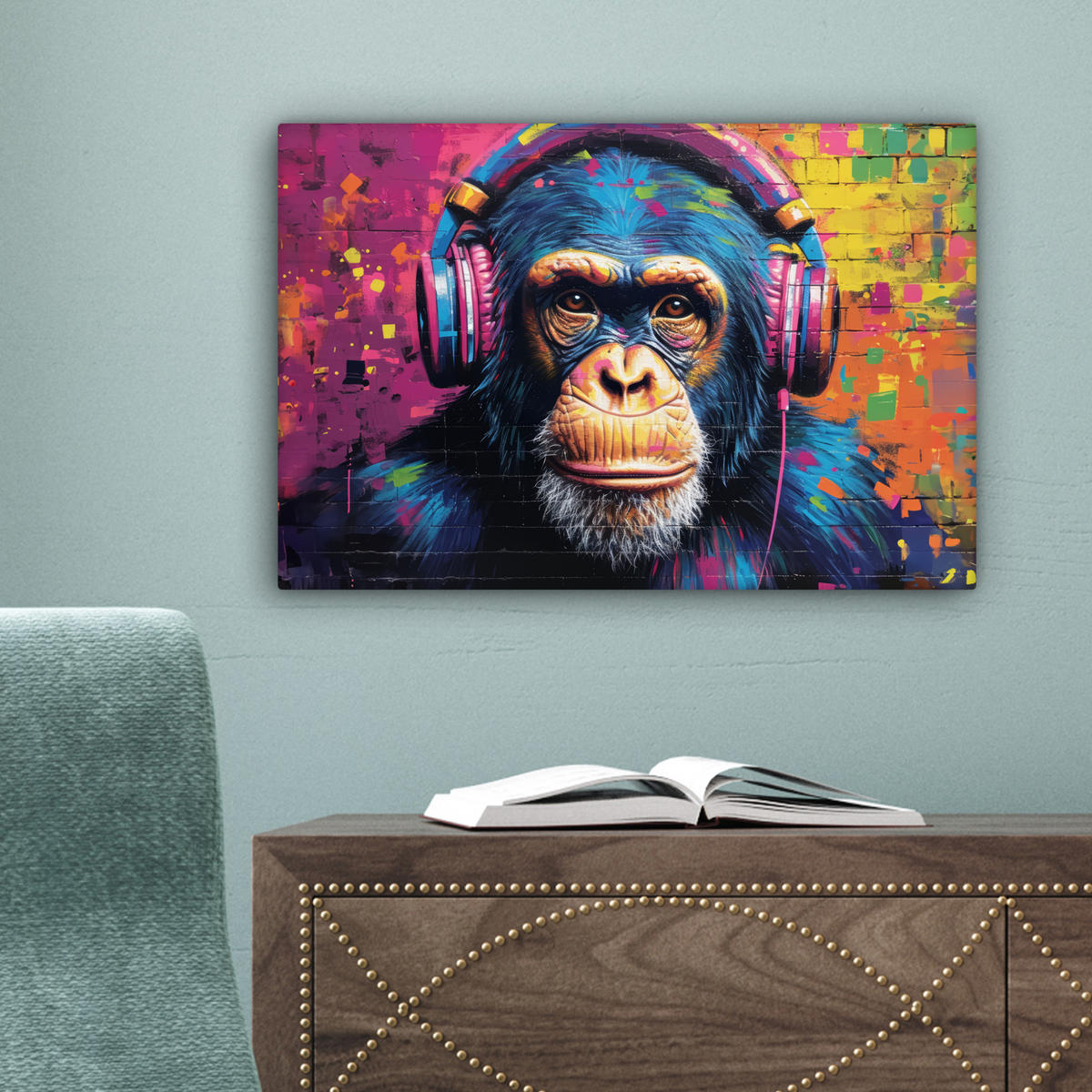 LEINWANDBILD Graffiti - Schimpanse - Straßenkunst - Kopfhörer - Affe Deko Schlafzimmer 30x20 cm - Blau, Textil (30/20cm) - MuchoWow