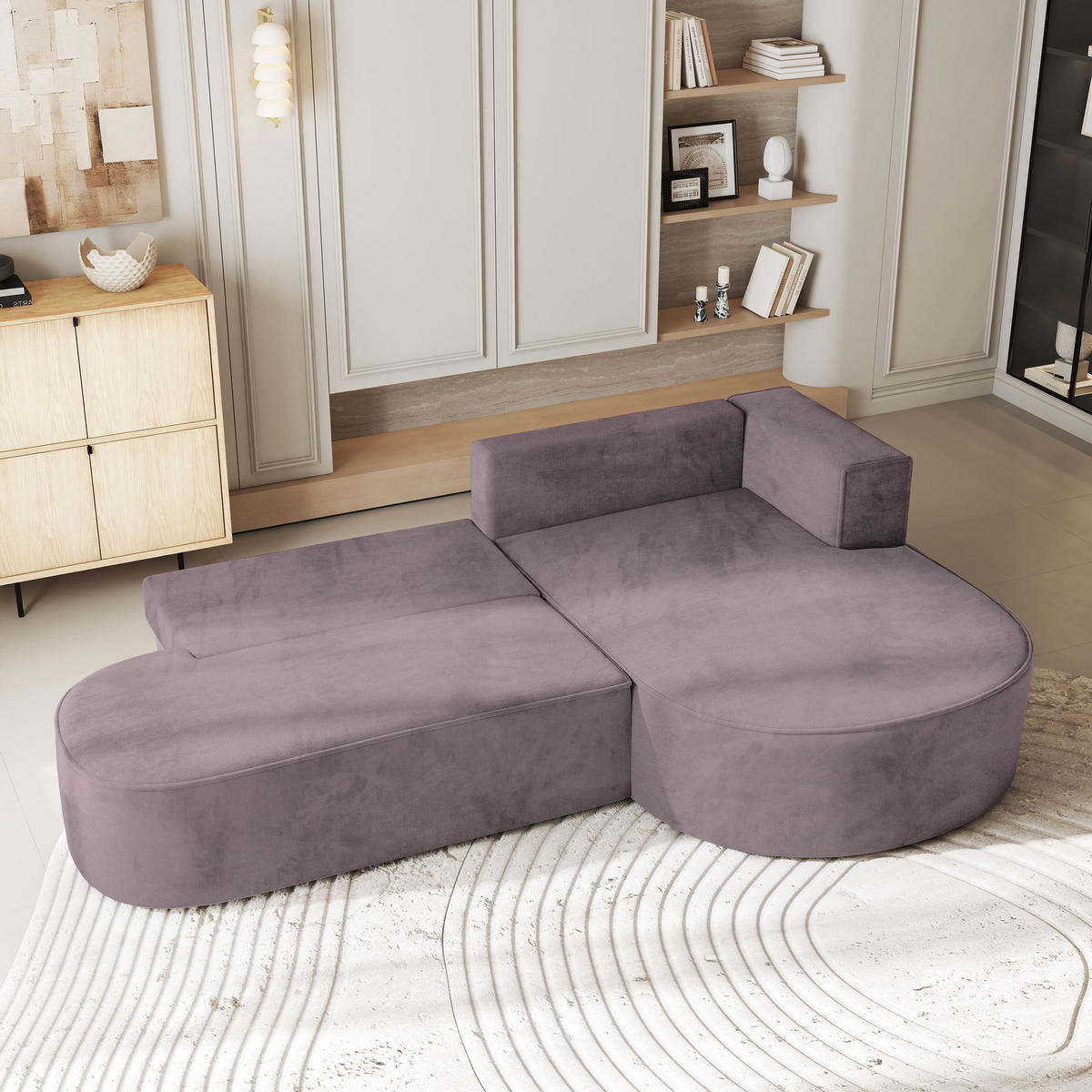 ECKSOFA CORTIO M R-S Lila Velours-Stoff mit Schlaffunktion - Lila, Holz (265/174cm) - MASSENO