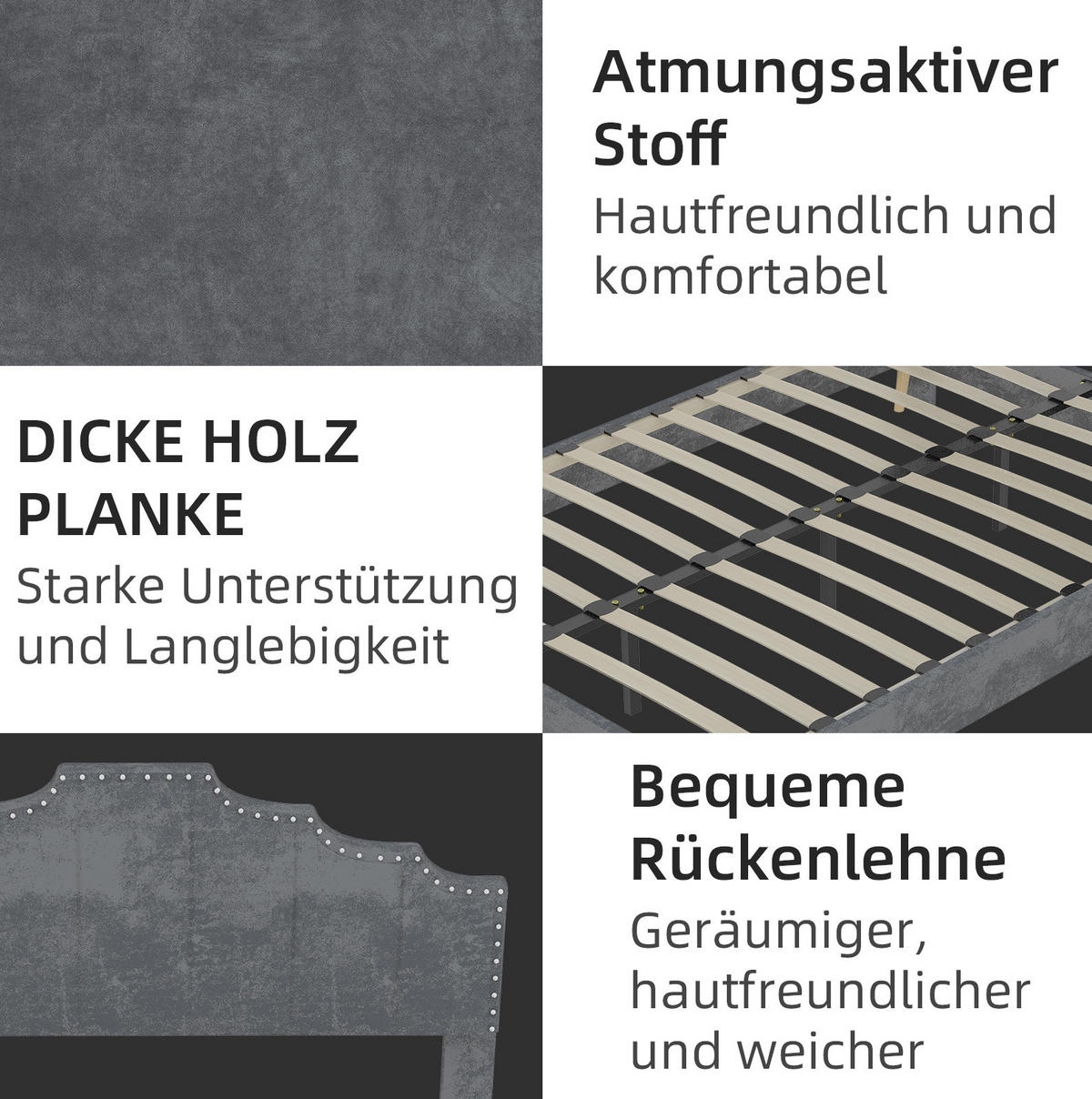 POLSTERBETT 160/200 cm grau aus Stoff und Metall mit gepolstertem Kopfteil - Grau, Textil (160/200cm) - OKWISH