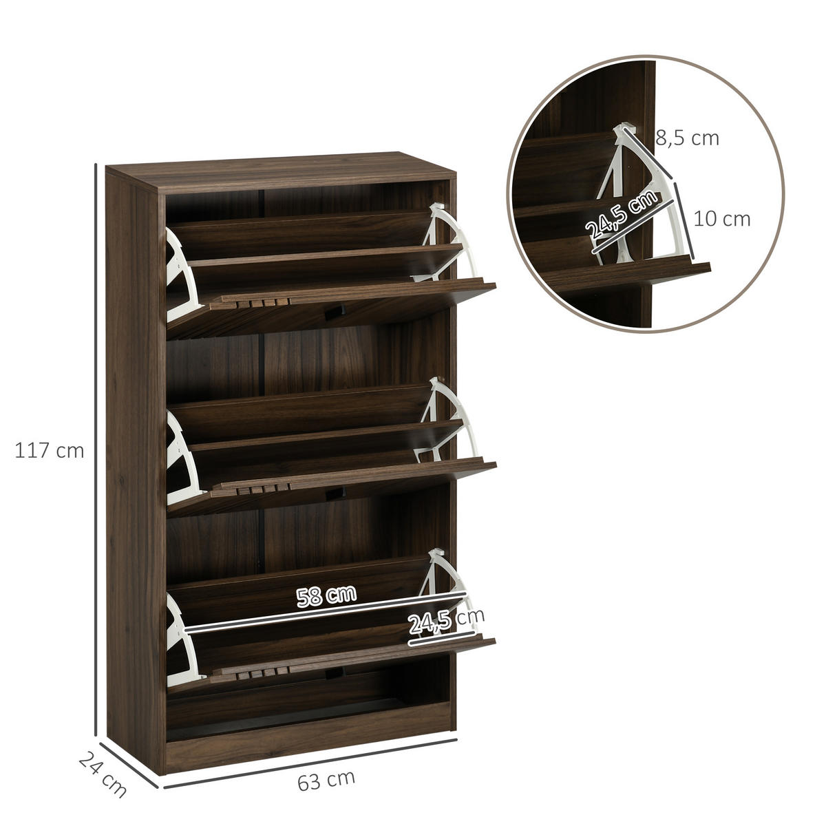 SCHUHSCHRANK DE-15000 3 Klapptüren für 18 Paar Schuhe Dunkles Nussbaum - Walnussfarben, Holzwerkstoff (63/117/24cm) - ComfortXL