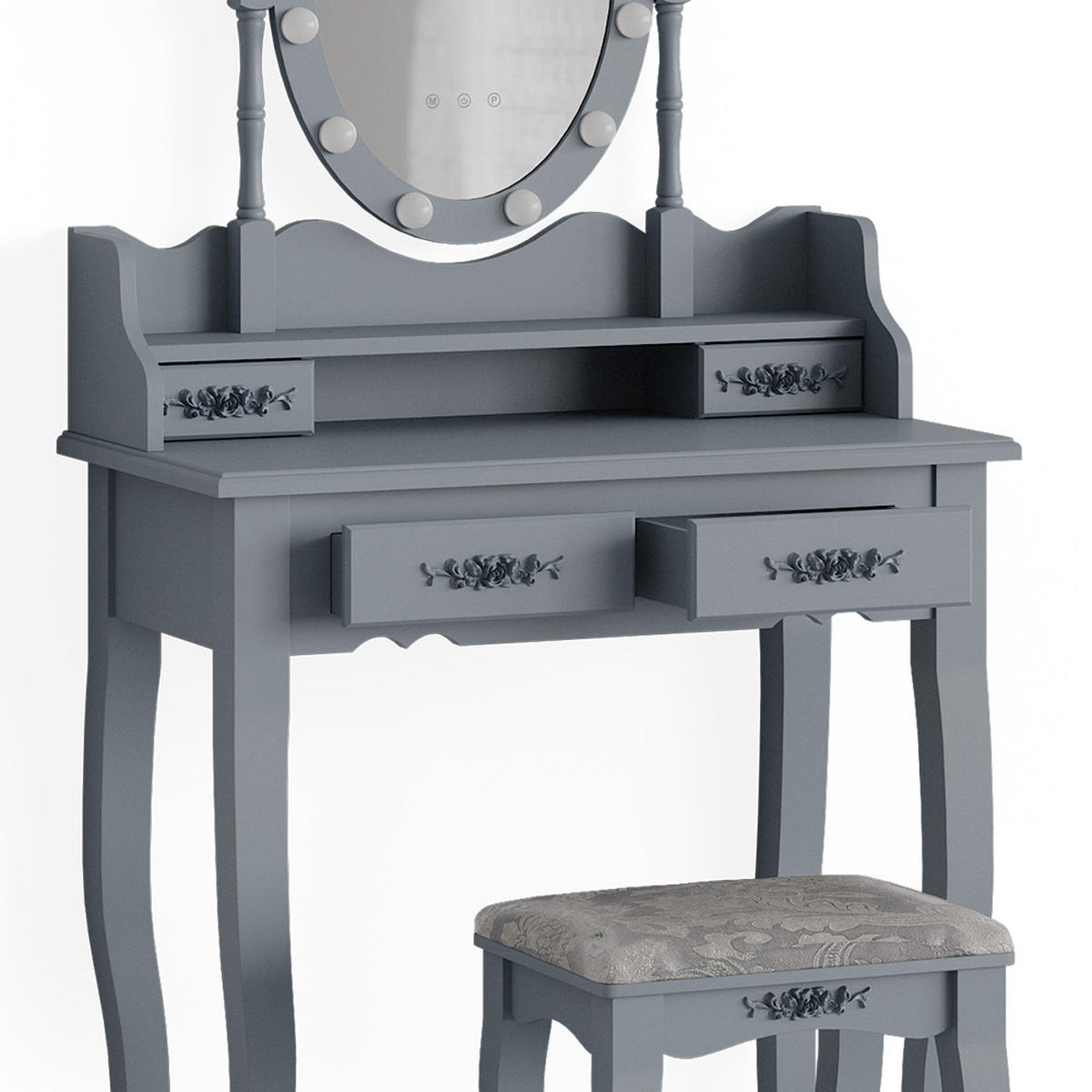 SCHMINKTISCH Maggie Grau 75 cm mit LED Beleuchtung und Hocker - Grau, Holzwerkstoff (75/146.5/40cm) - Vicco