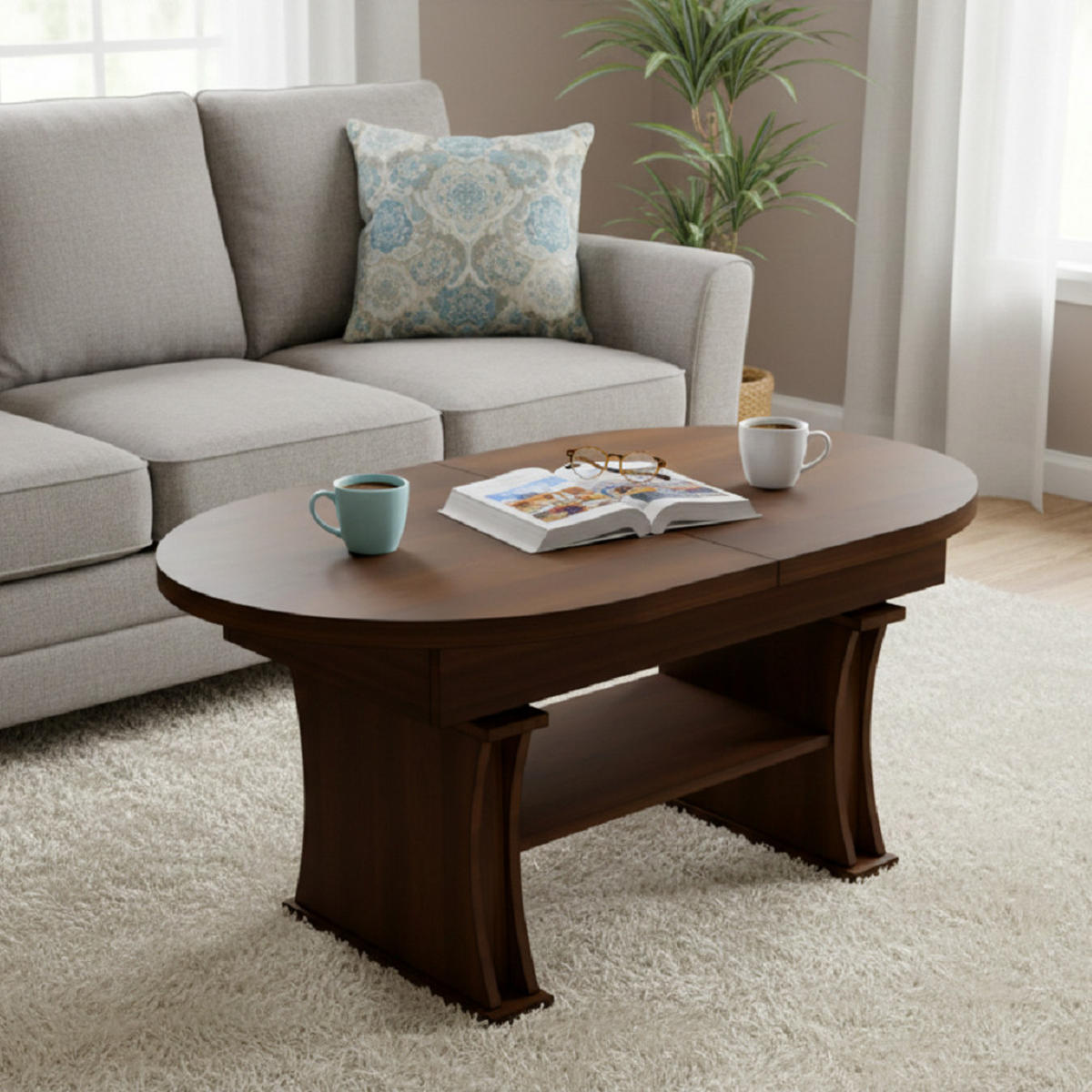 COUCHTISCH oval ausziehbar höhenverstellbar Ablage 130/80/60 cm - Walnussfarben, Holzwerkstoff (80/130/60cm) - designimpex