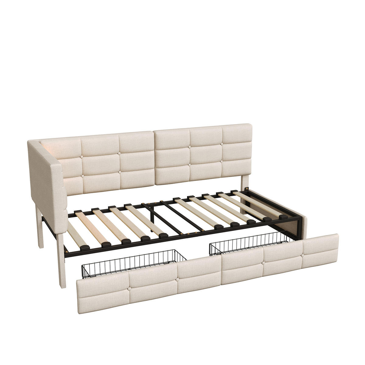 POLSTERBETT Reversibel 90/200 cm mit 2 Schubladen & RGB-LED Leinenoptik Beige - Beige, Textil (90/200cm) - Creahappy