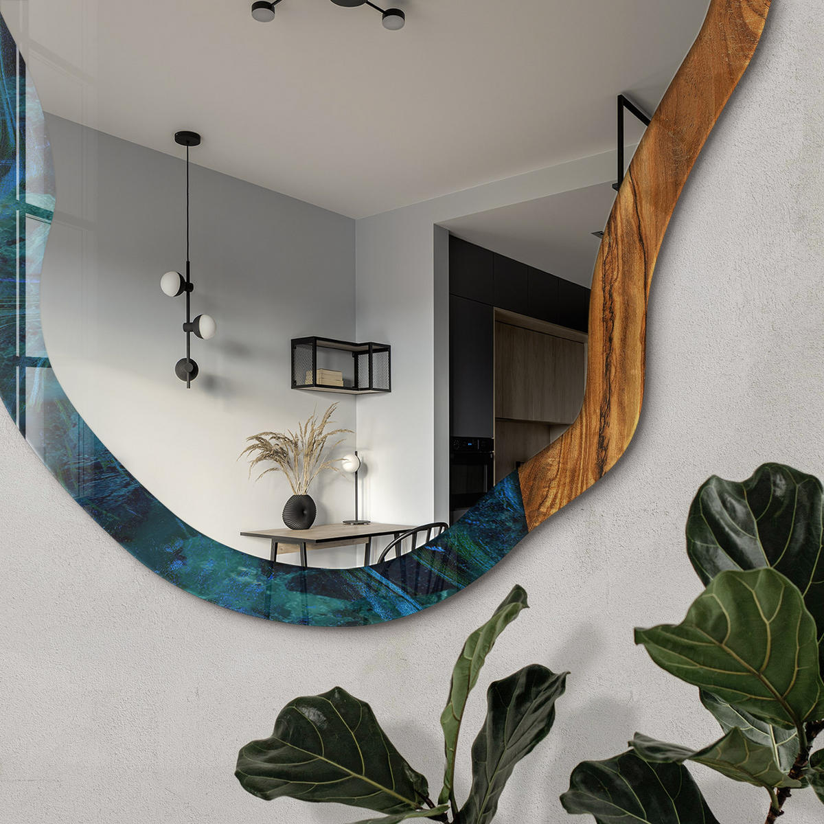 SPIEGEL 90x45 cm asymmetrisch mit Druck - Holzwellen - Transparent, Glas (45/90/0.4cm) - TULUP