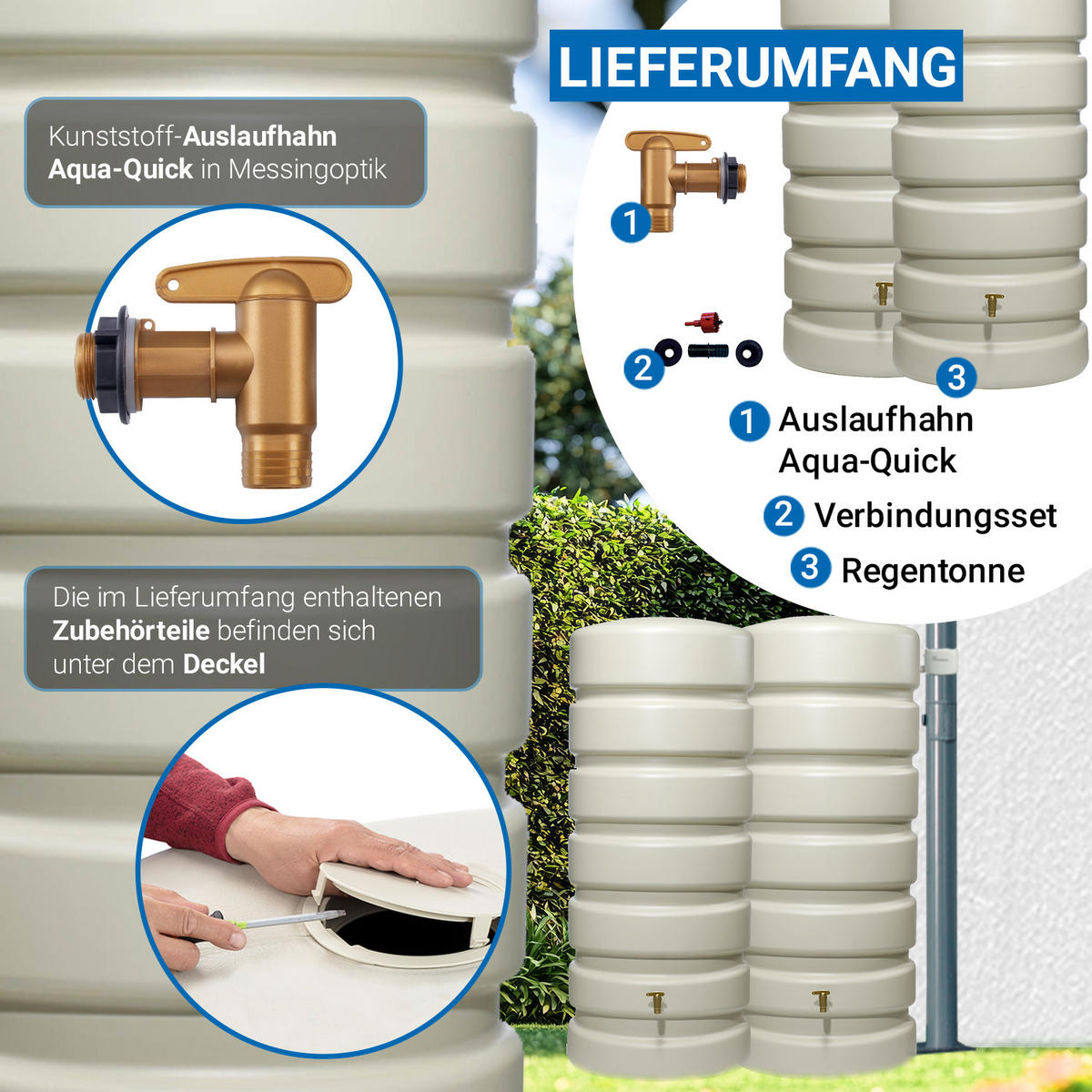WANDTANK-SET 1300 L sandbeige 2 x 650 L inkl. Verbindungsset - Beige, Kunststoff (170/192/60cm) - 4rain