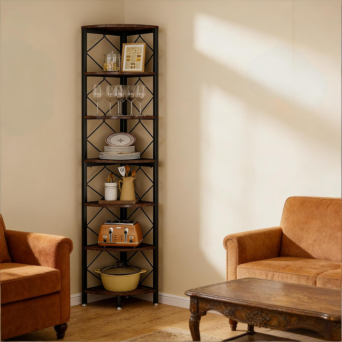 BÜCHERREGAL Schwarz/Braun 7 Ebenen Eckregal 35/35/200 cm - Schwarz, Metall (35/200/35cm) - PANGIVO