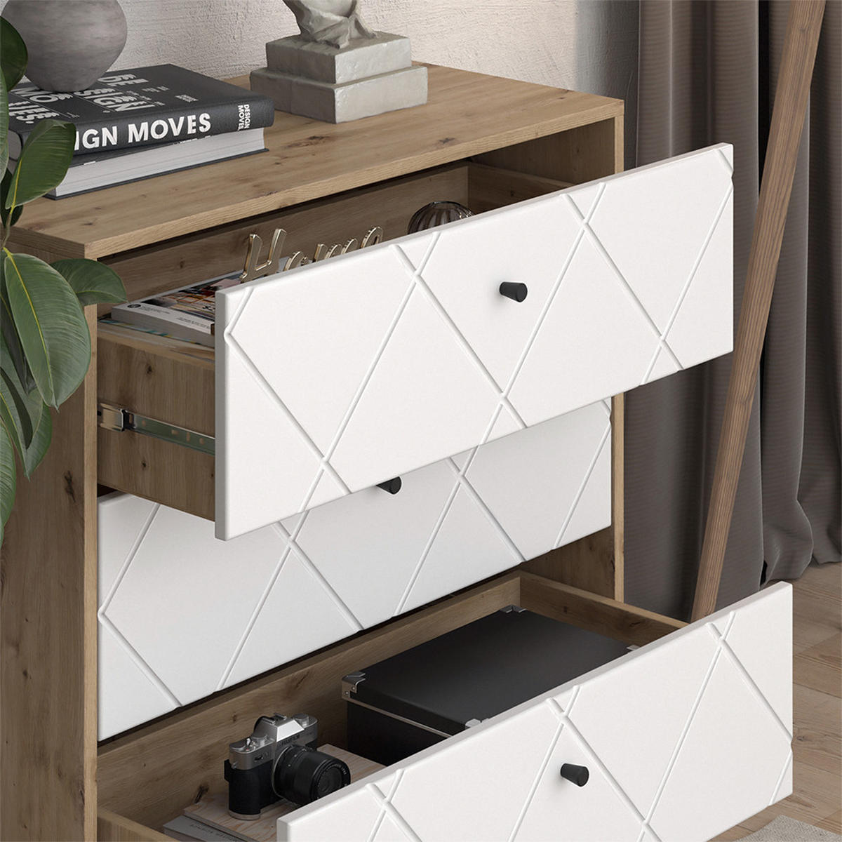 KOMMODE Nizza Artisan/Weiß 80.2 x 82.6 cm mit 3 Schubladen - Eiche Artisan/Weiß, Holzwerkstoff (80.2/82.6/40.1cm) - Vicco