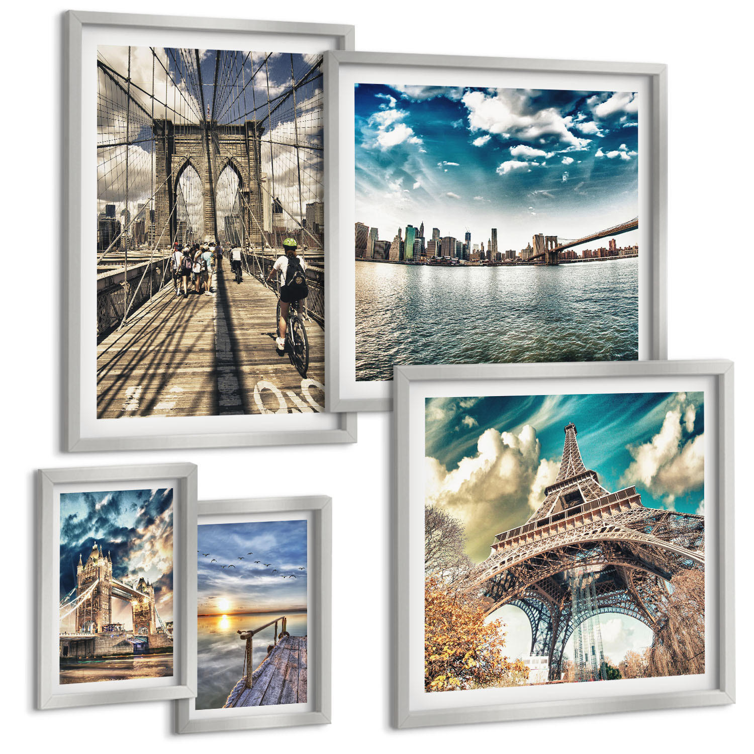 BILDER SET 5er Set - 50x50 cm & 20x30 cm & 40x60 cm Silberner Rahmen - Abstrakte geometrische Formen - Silberfarben, Kunststoff (40/60cm) - TULUP