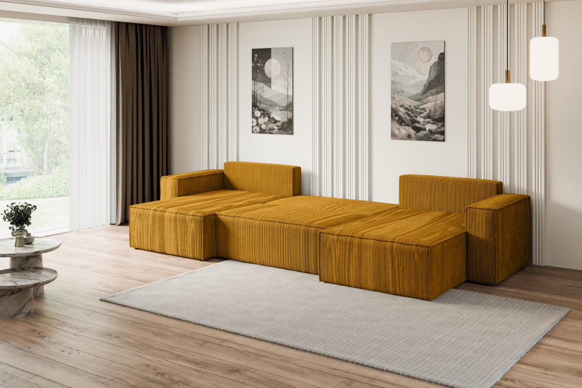WOHNLANDSCHAFT mit Schlaffunktion und Bettkasten CELTIC-XLU - 377x143x83 cm Senfgelb Cord - Gelb/Schwarz, Holzwerkstoff/Kunststoff (377/83/143cm) - ALTDECOR